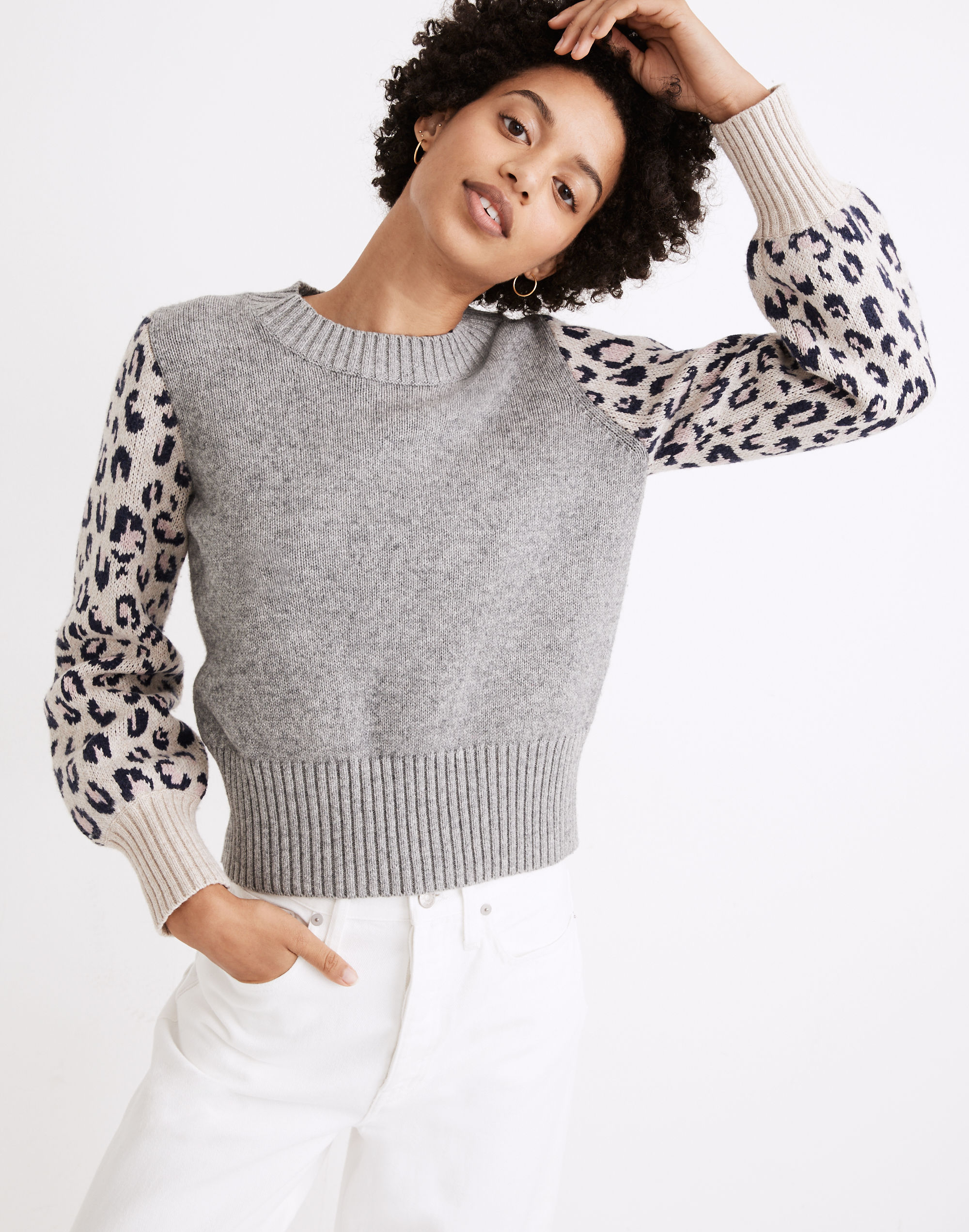 Leopard-Sleeve Tensley Pullover Sweater in Cotton-Merino Yarn