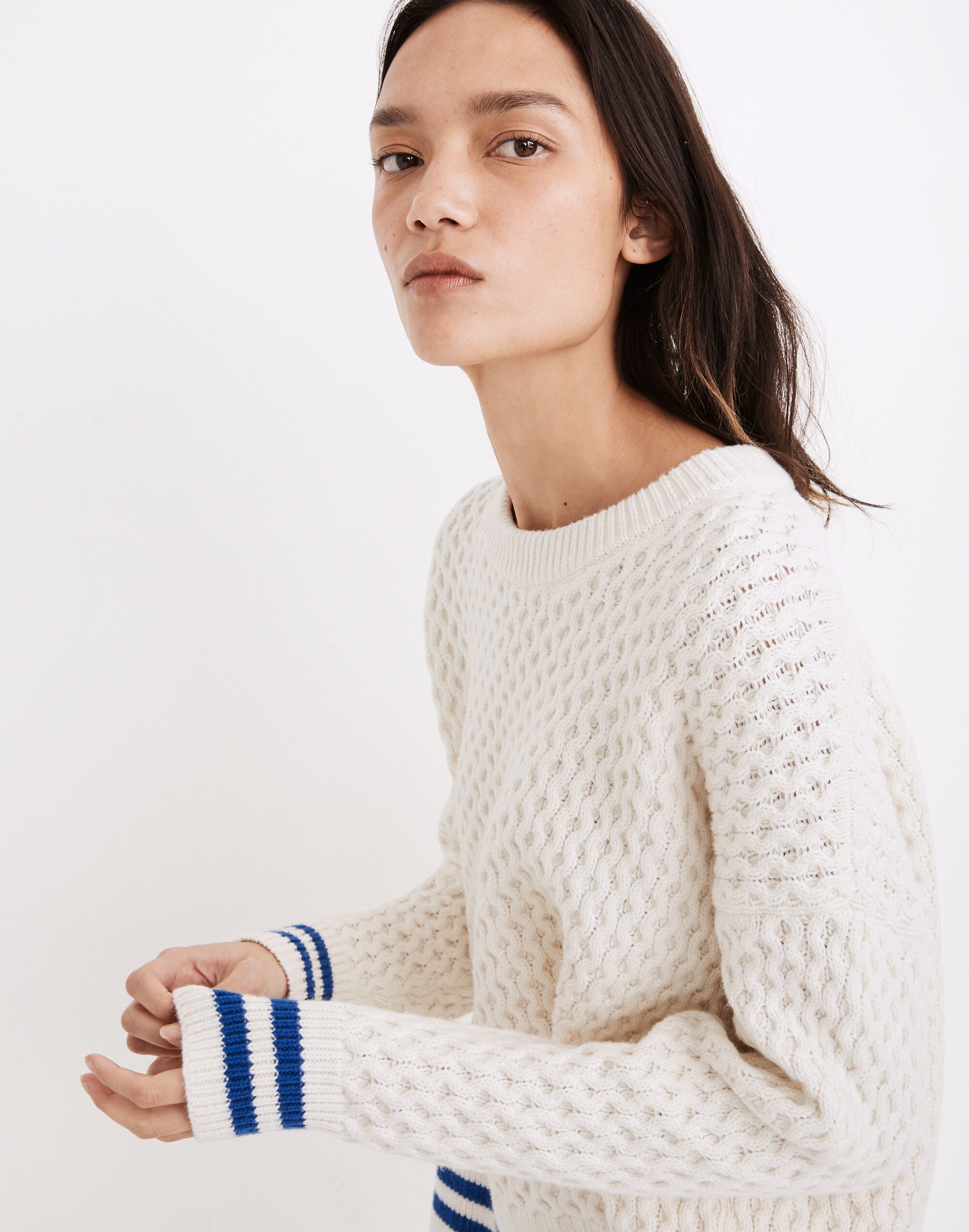Stripe-Trim Honeycomb Pullover Sweater in Cotton-Merino Yarn