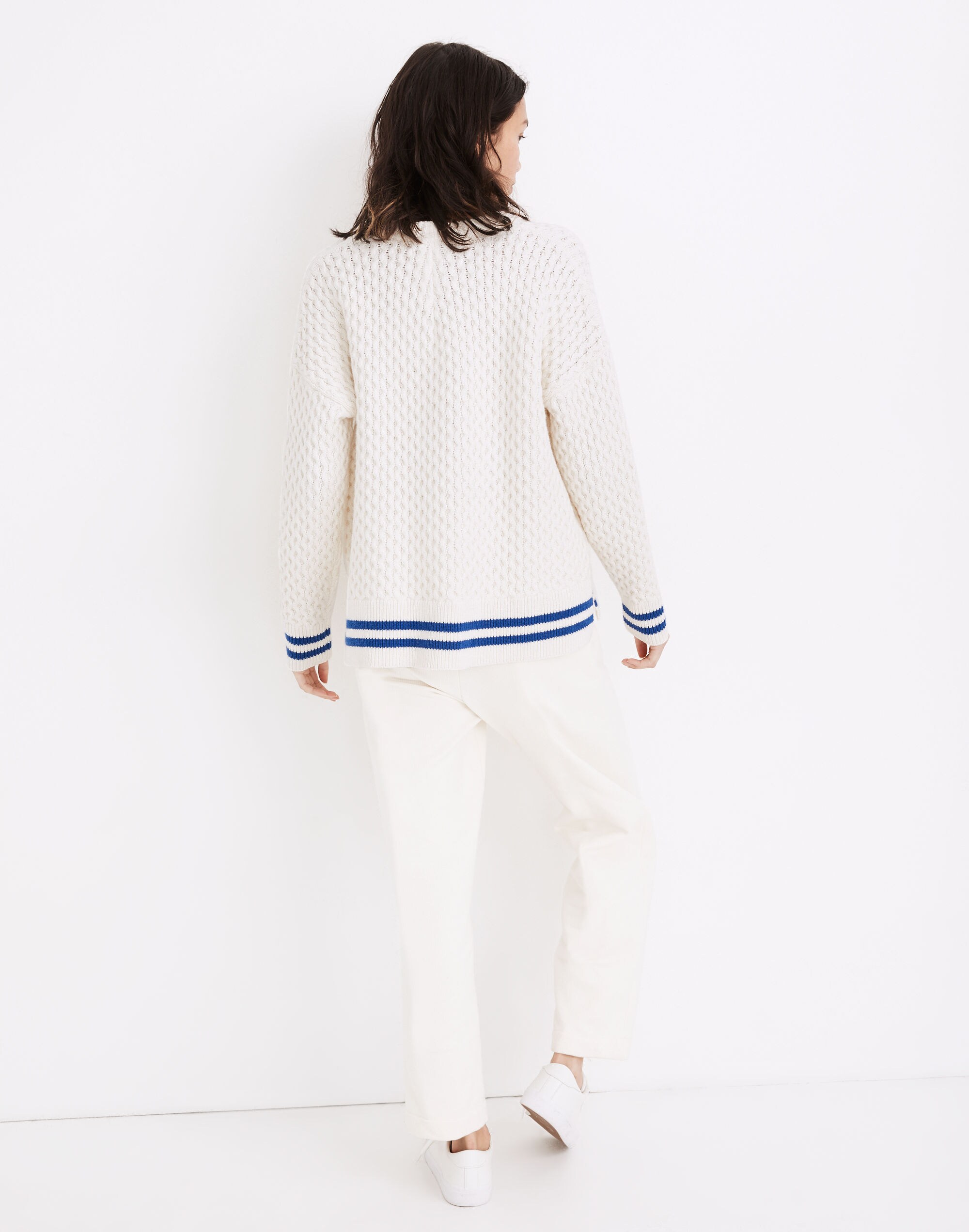 Stripe-Trim Honeycomb Pullover Sweater in Cotton-Merino Yarn