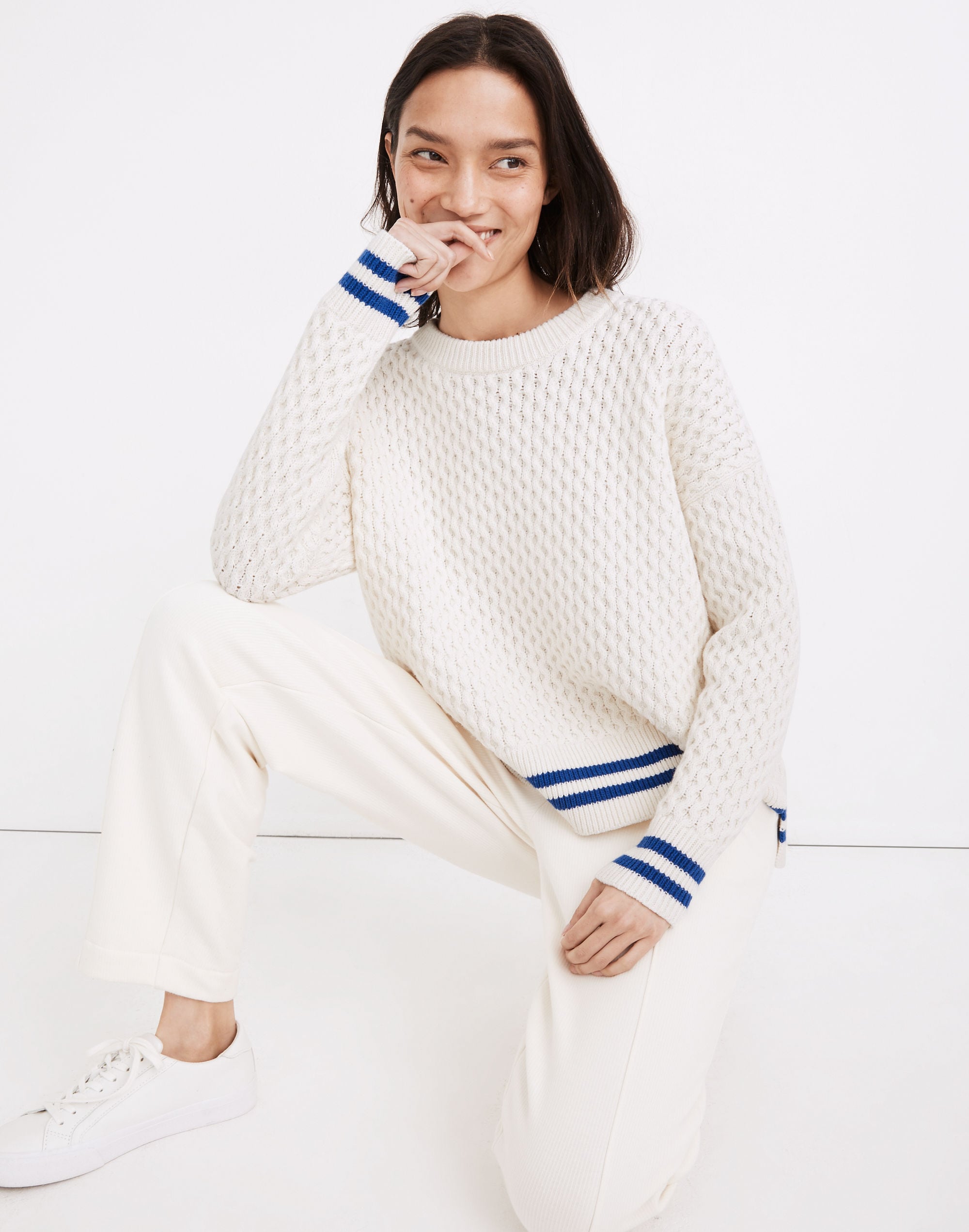 Stripe-Trim Honeycomb Pullover Sweater in Cotton-Merino Yarn