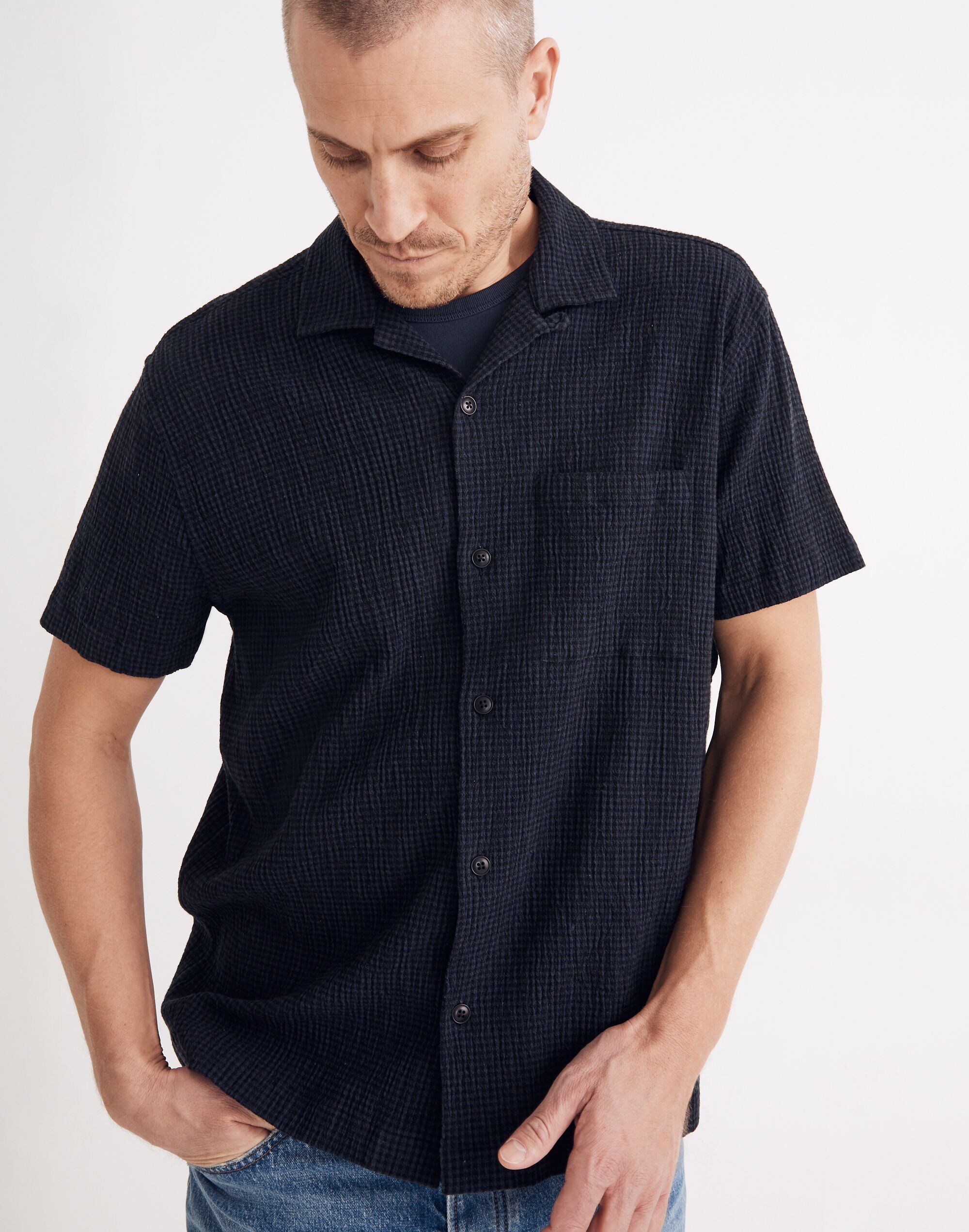 Easy Short-Sleeve Camp Shirt in Textural Check