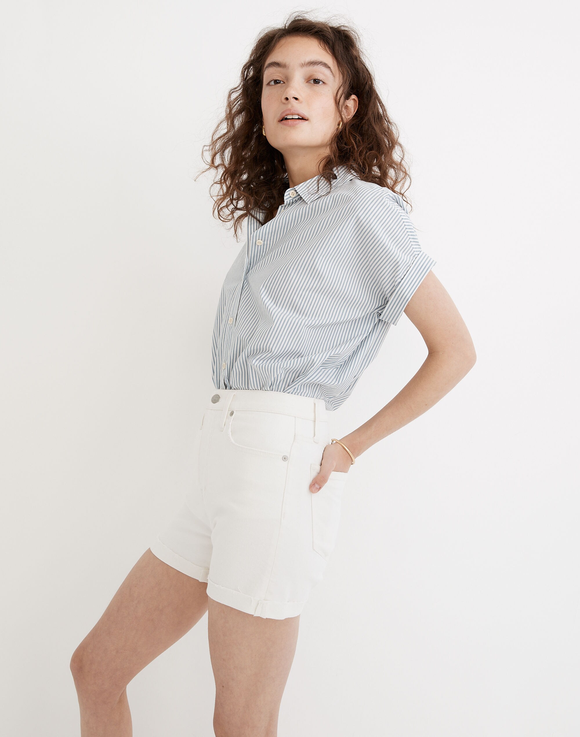 High-Rise Denim Shorts in Tile White