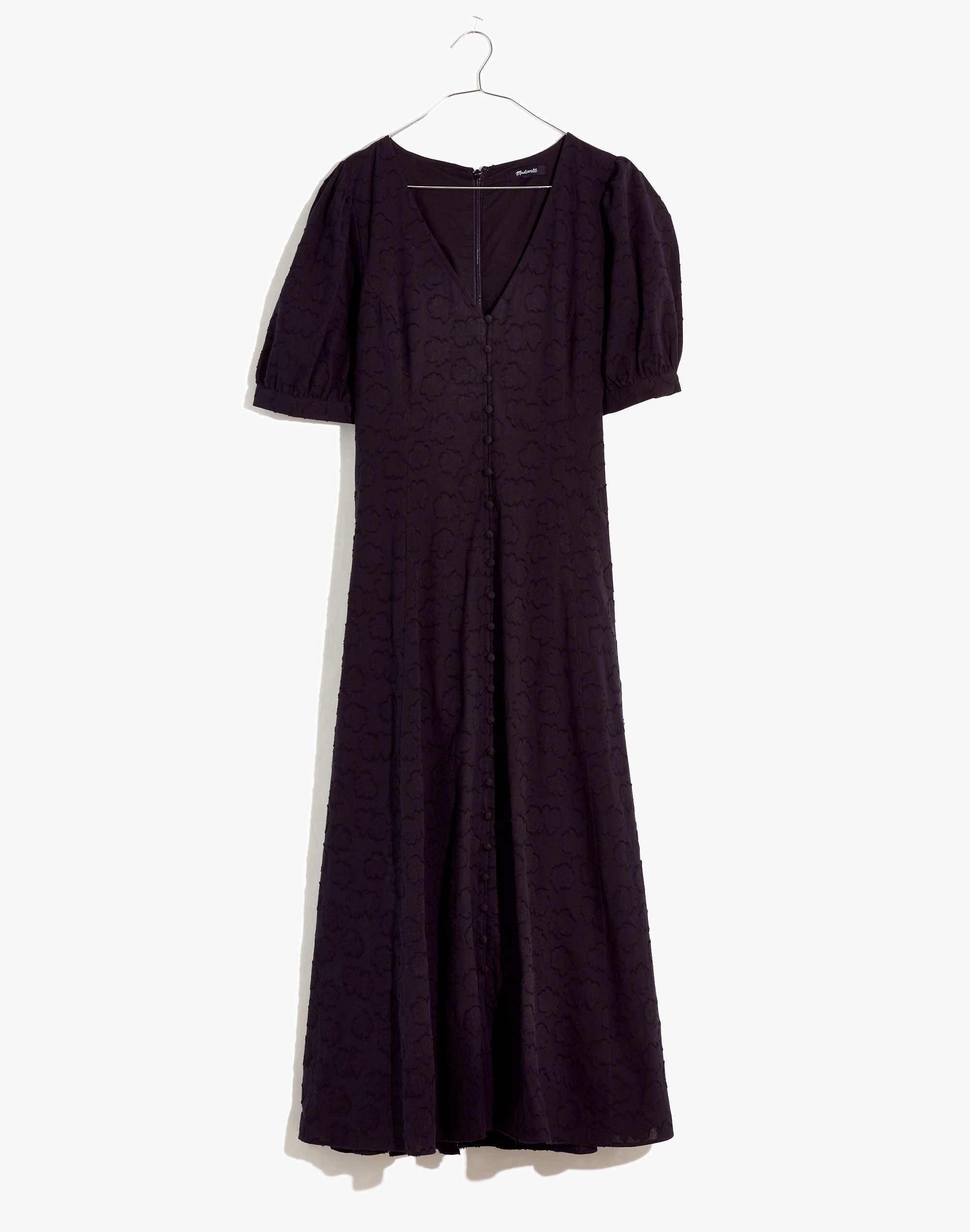 Floral Jacquard Puff-Sleeve Button-Front Midi Dress