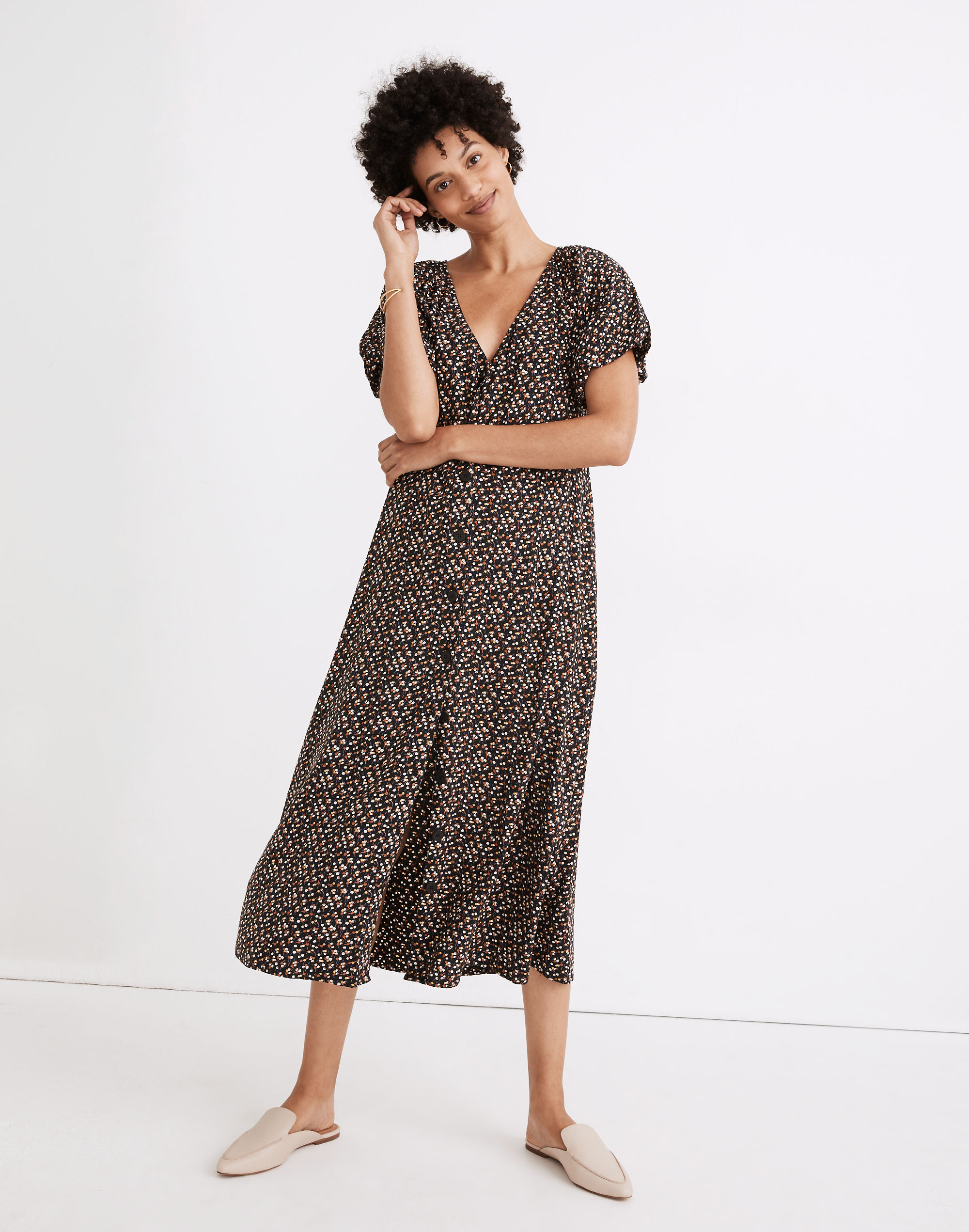 bubble-sleeve button-front midi dress in adorable ditsy