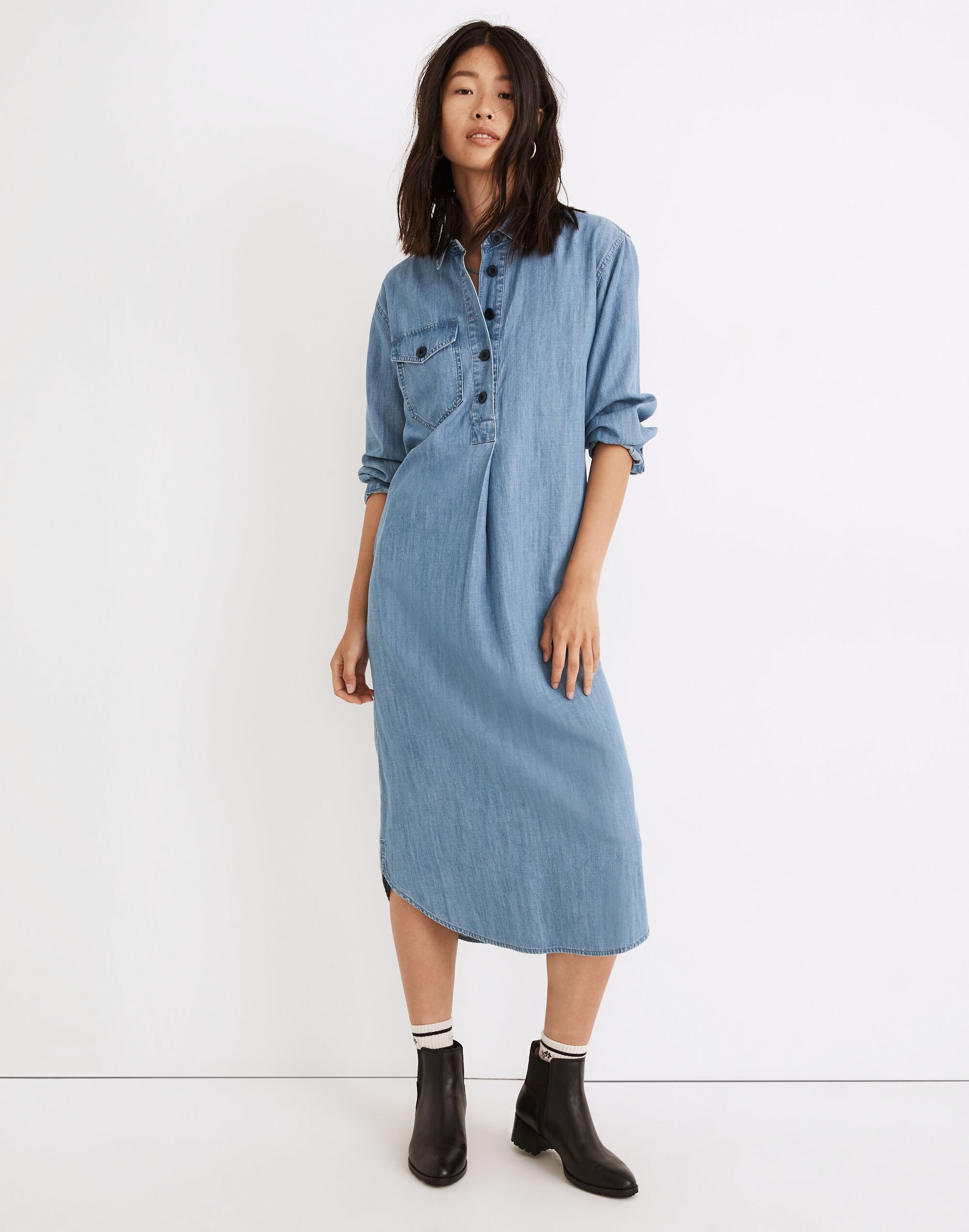 Denim Utility Popover Dress in Midhurst Wash