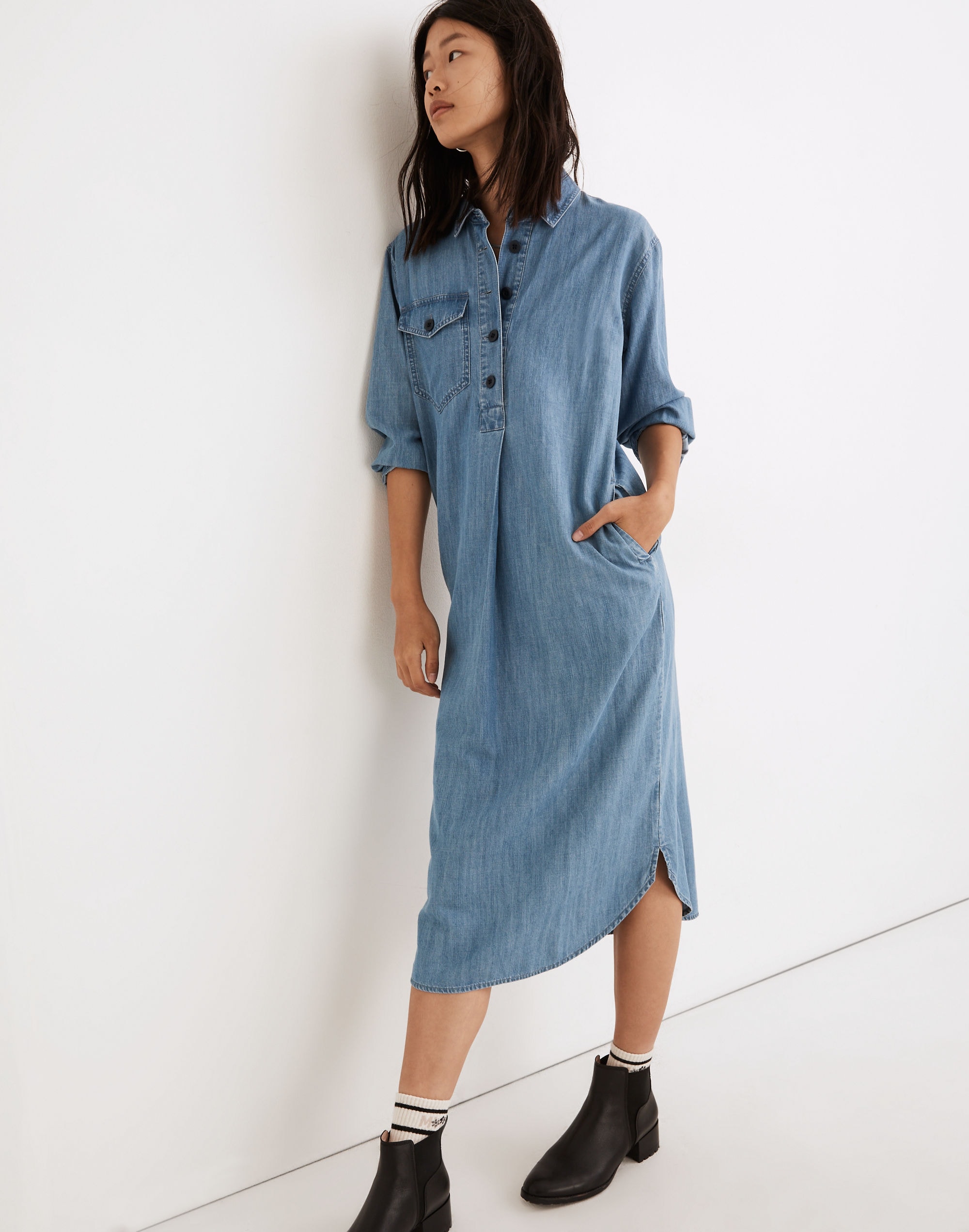 Denim Utility Popover Dress in Midhurst Wash