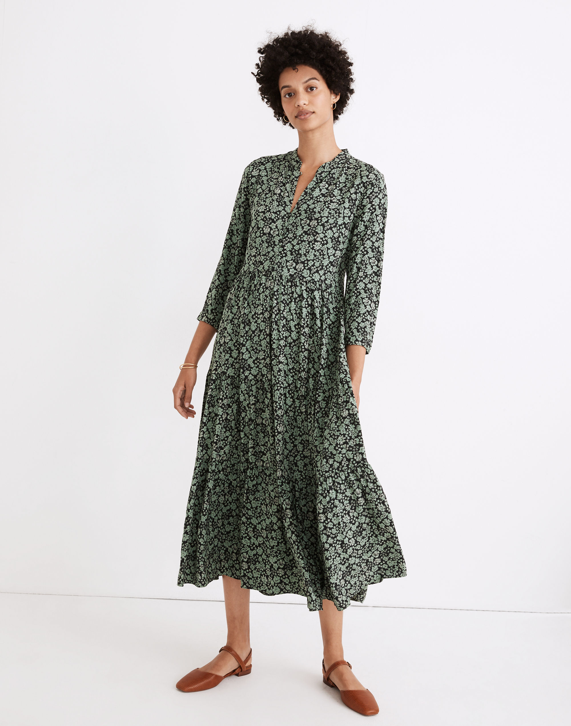 Petite Button-Front Tiered Midi Dress in Fleur Field