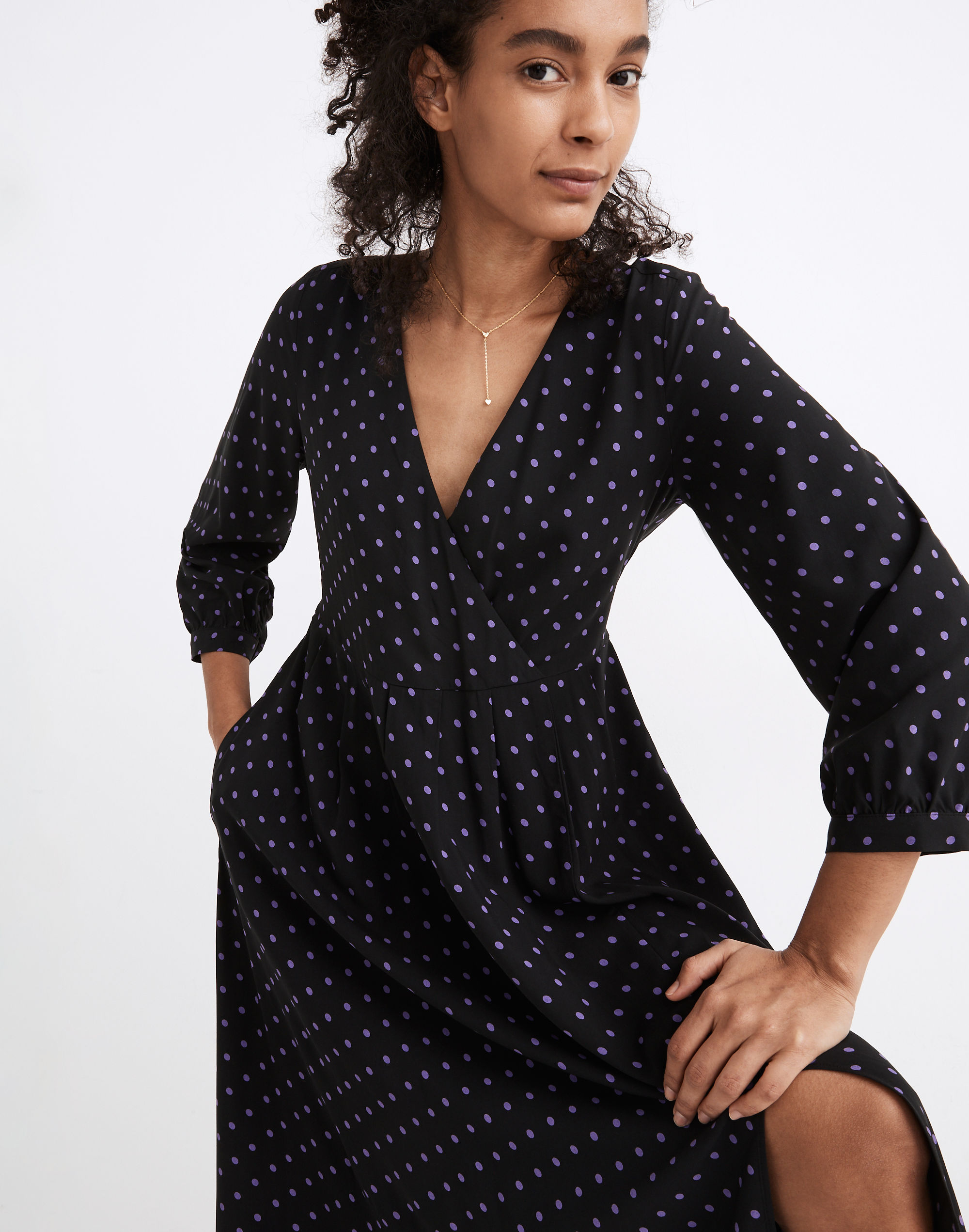 Faux-Wrap Midi Dress in Polka Dot
