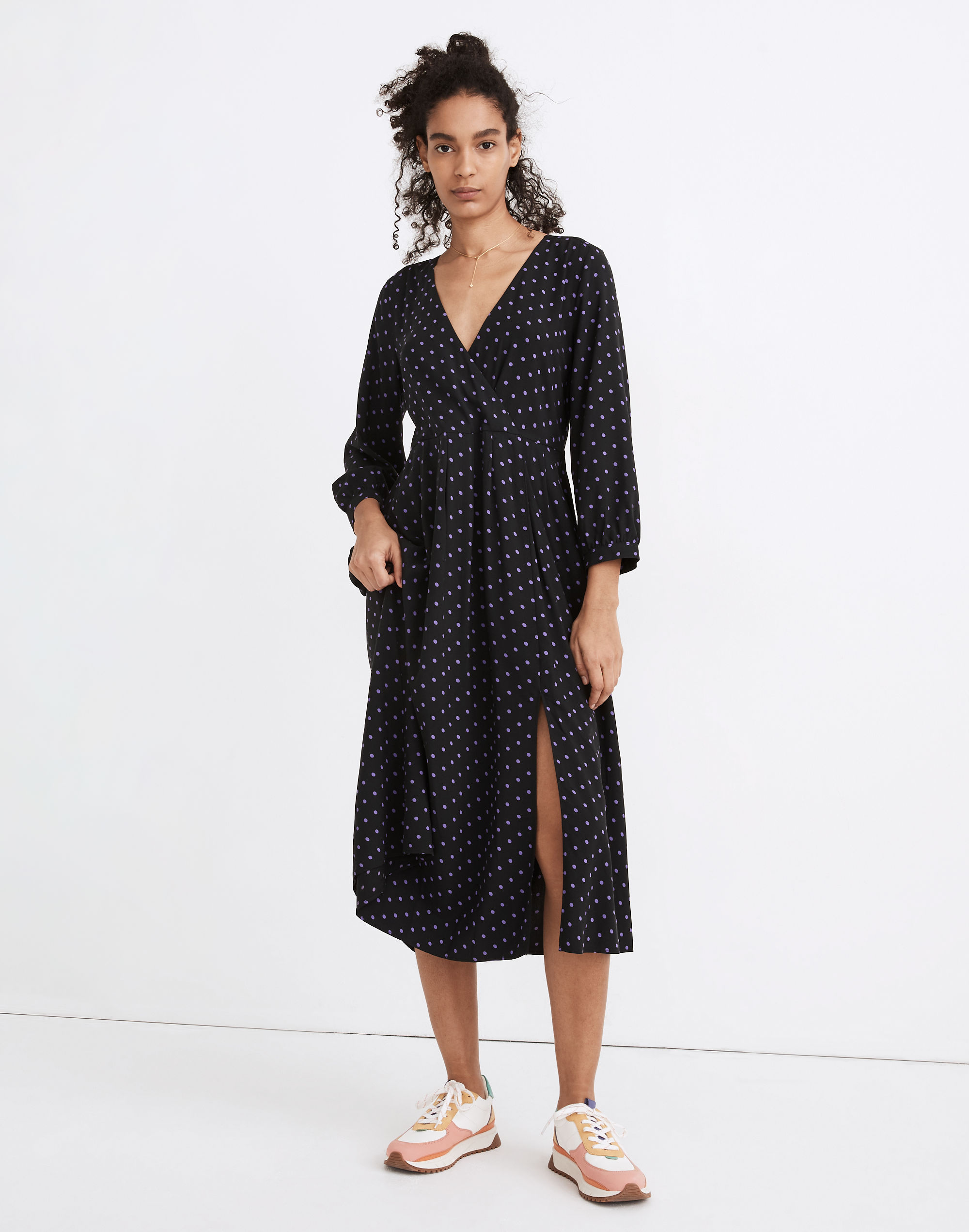 faux-wrap midi dress in polka dot