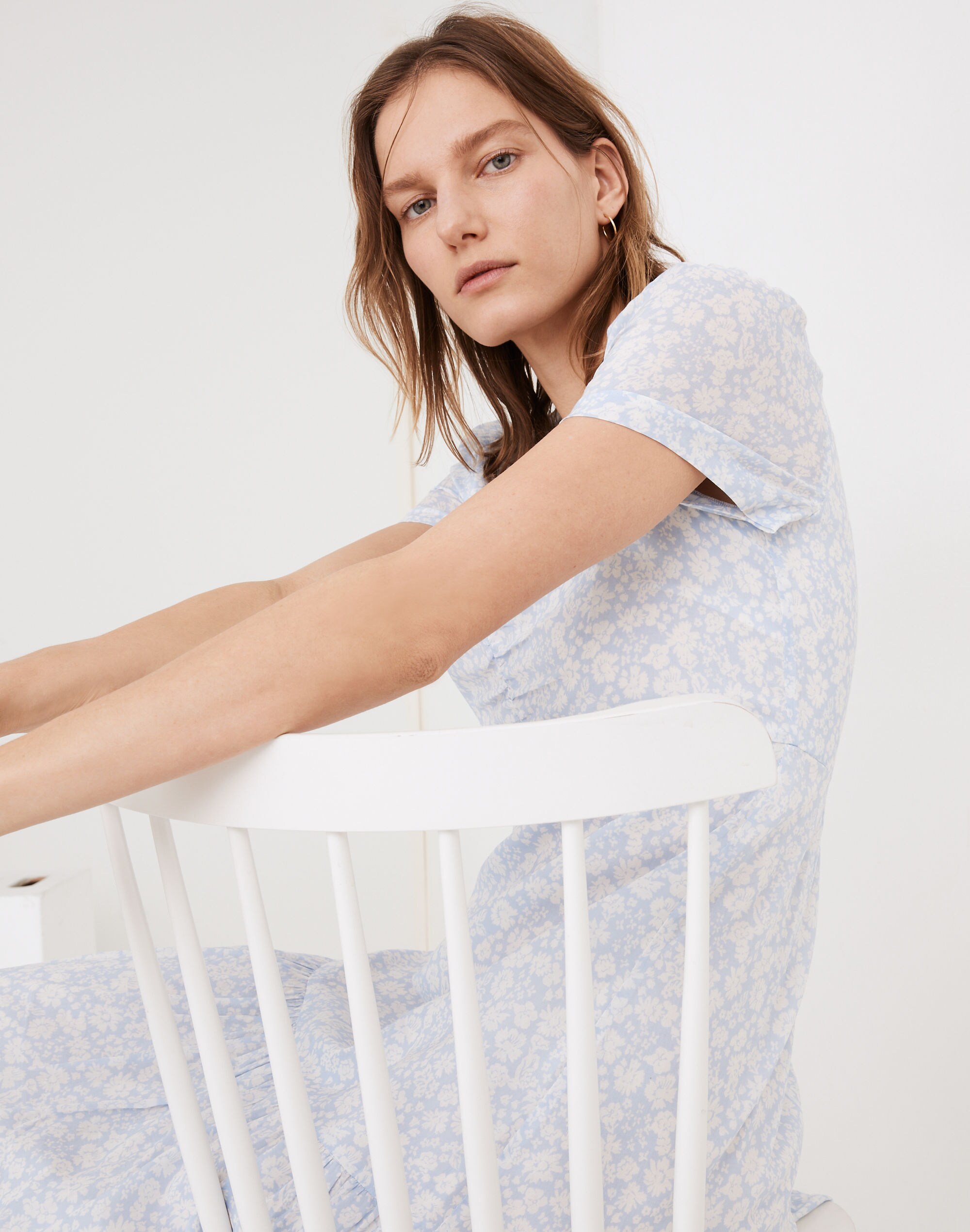 Ruched-Front Ruffle-Hem Midi Dress in Fleur Field