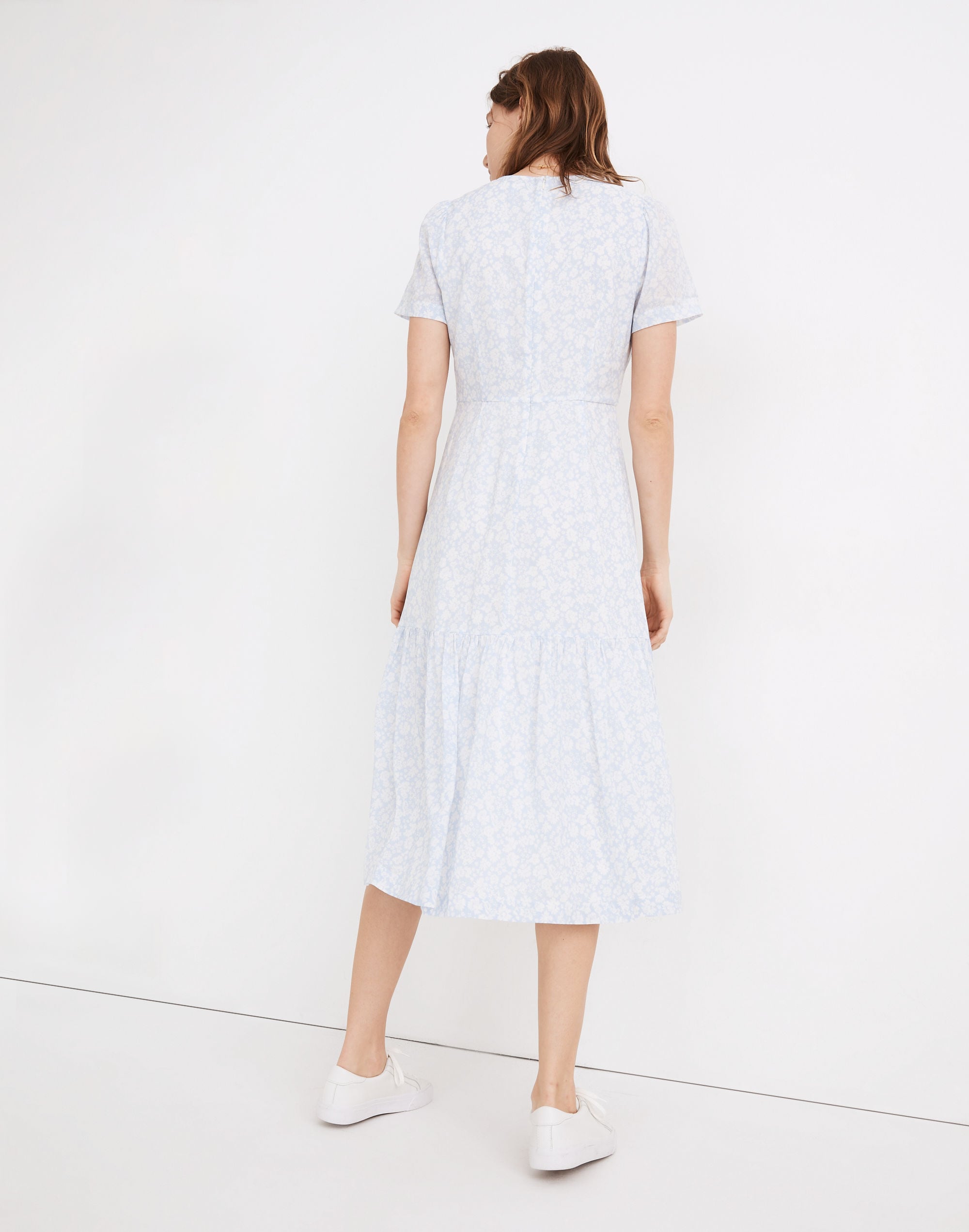 Ruched-Front Ruffle-Hem Midi Dress in Fleur Field