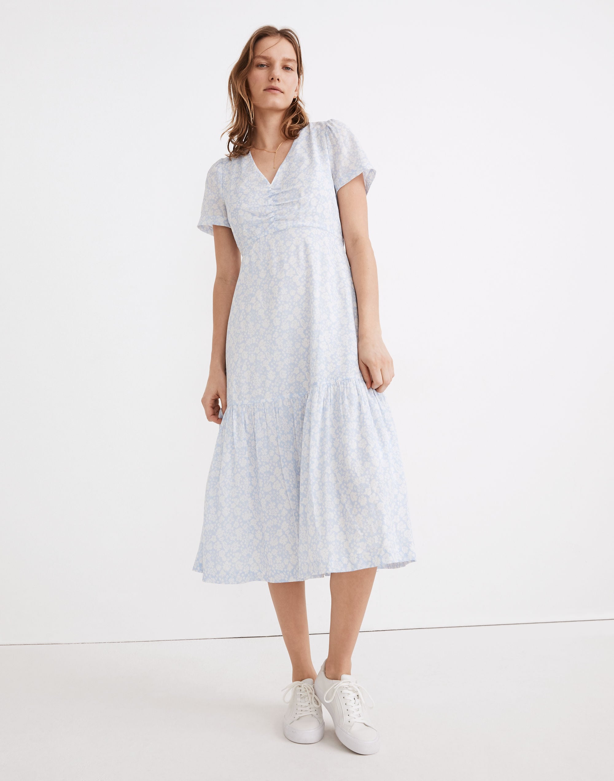 Ruched-Front Ruffle-Hem Midi Dress in Fleur Field