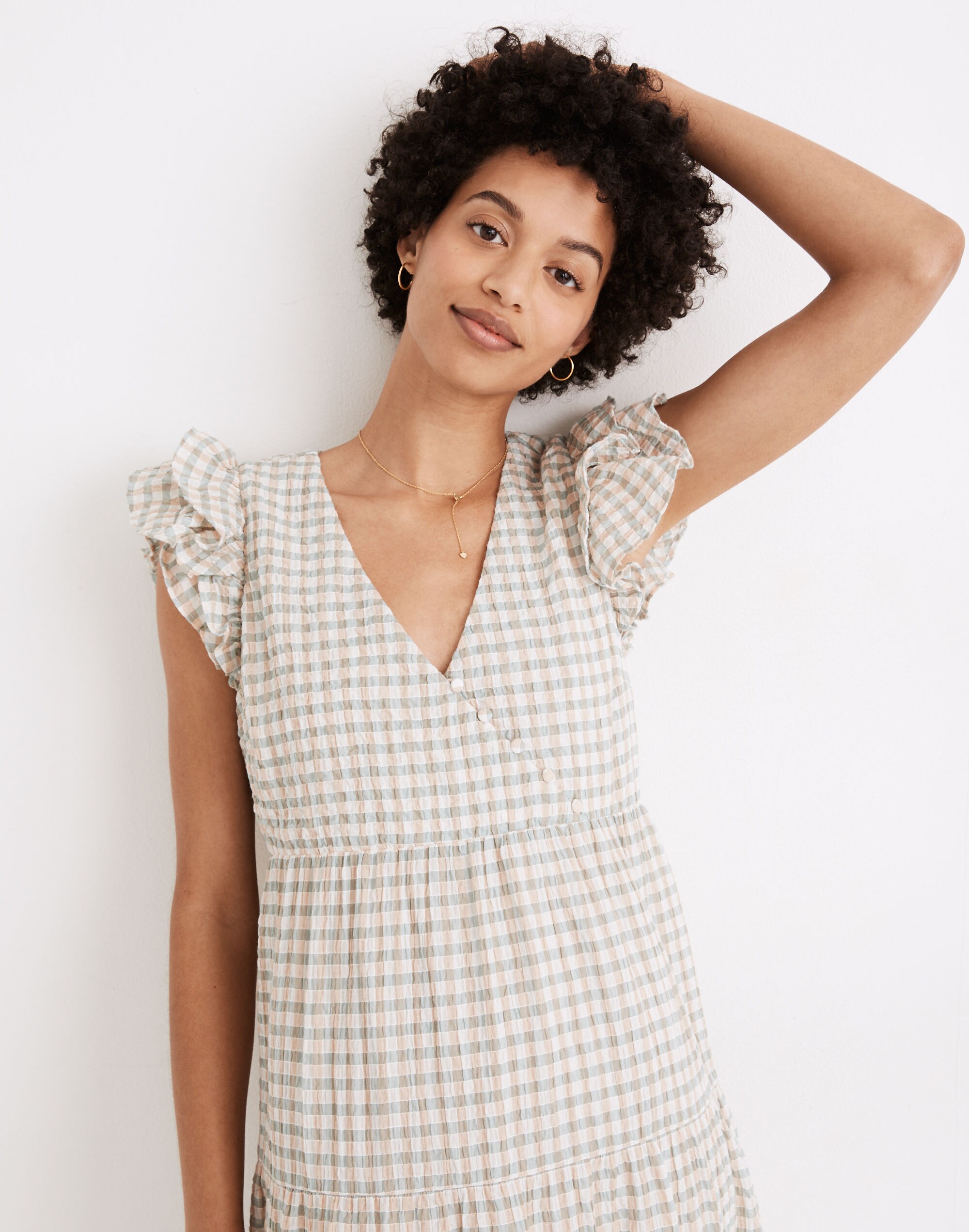 Gingham Seersucker Ruffle-Sleeve Tiered Midi Dress