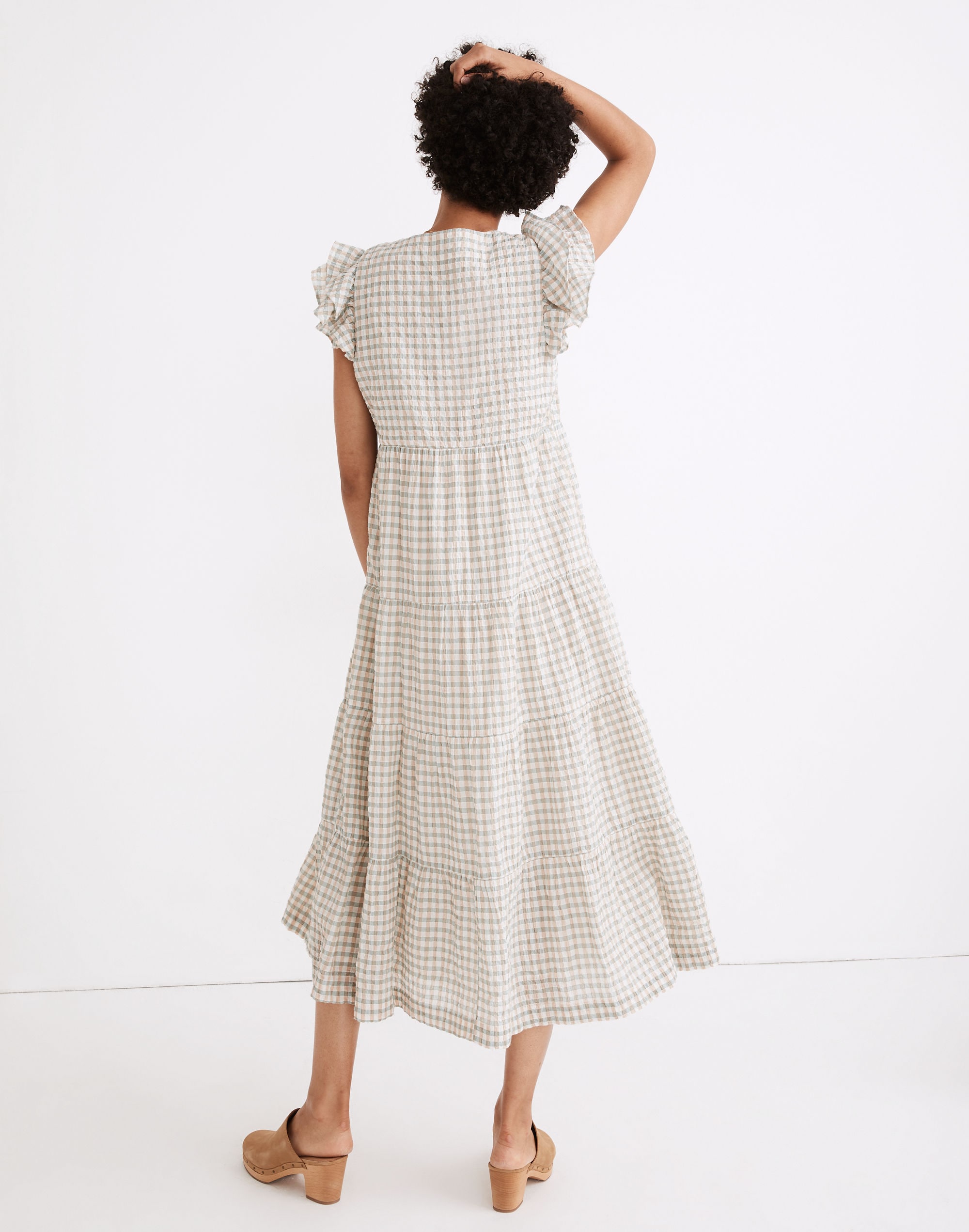 Gingham Seersucker Ruffle-Sleeve Tiered Midi Dress