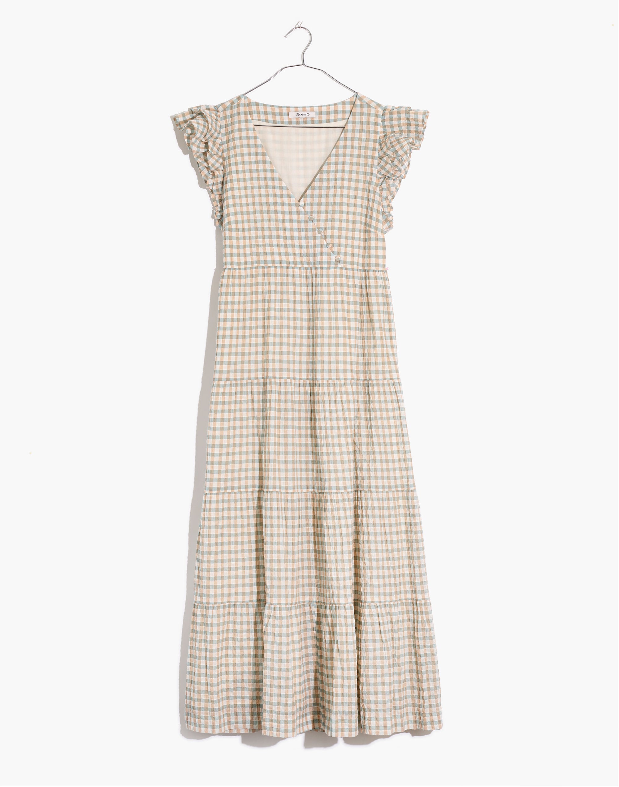 Gingham Seersucker Ruffle-Sleeve Tiered Midi Dress