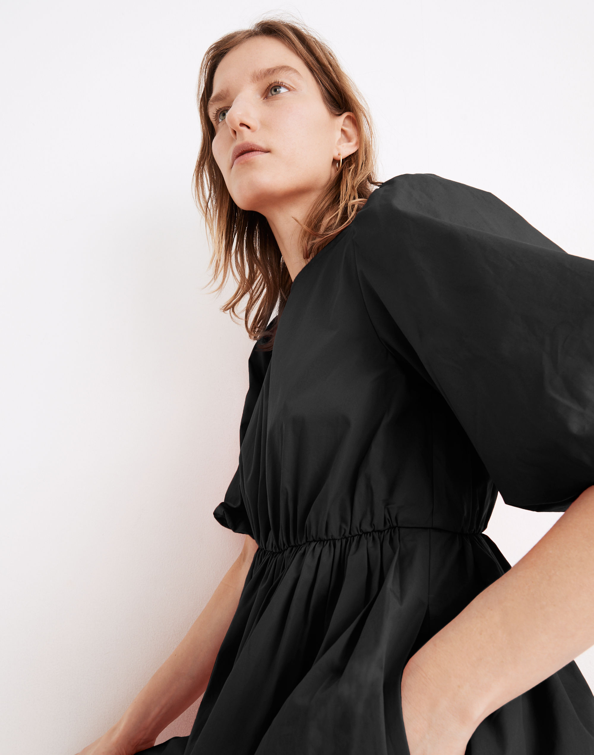 Poplin Crewneck Bubble-Sleeve Mini Dress