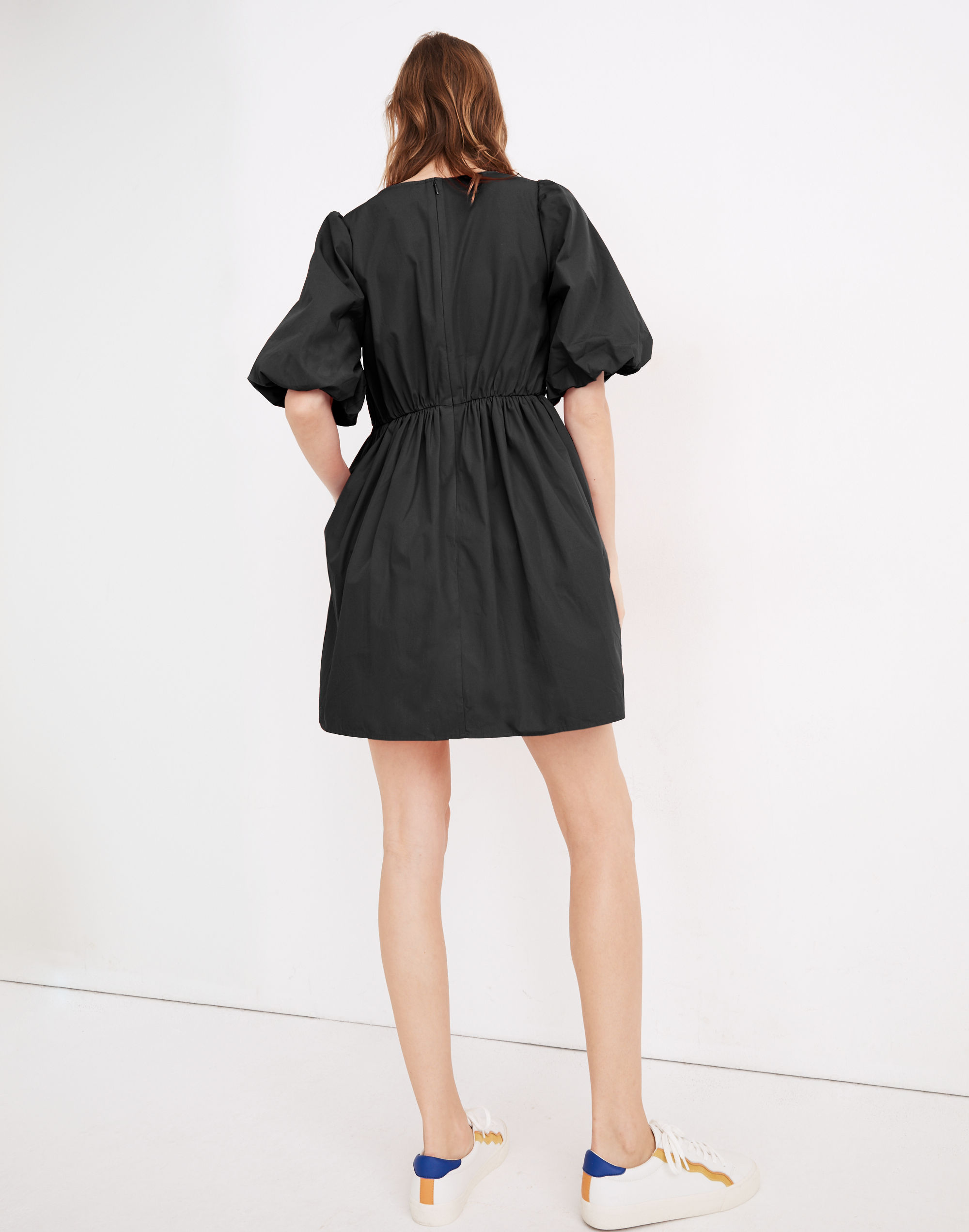 Poplin Crewneck Bubble-Sleeve Mini Dress