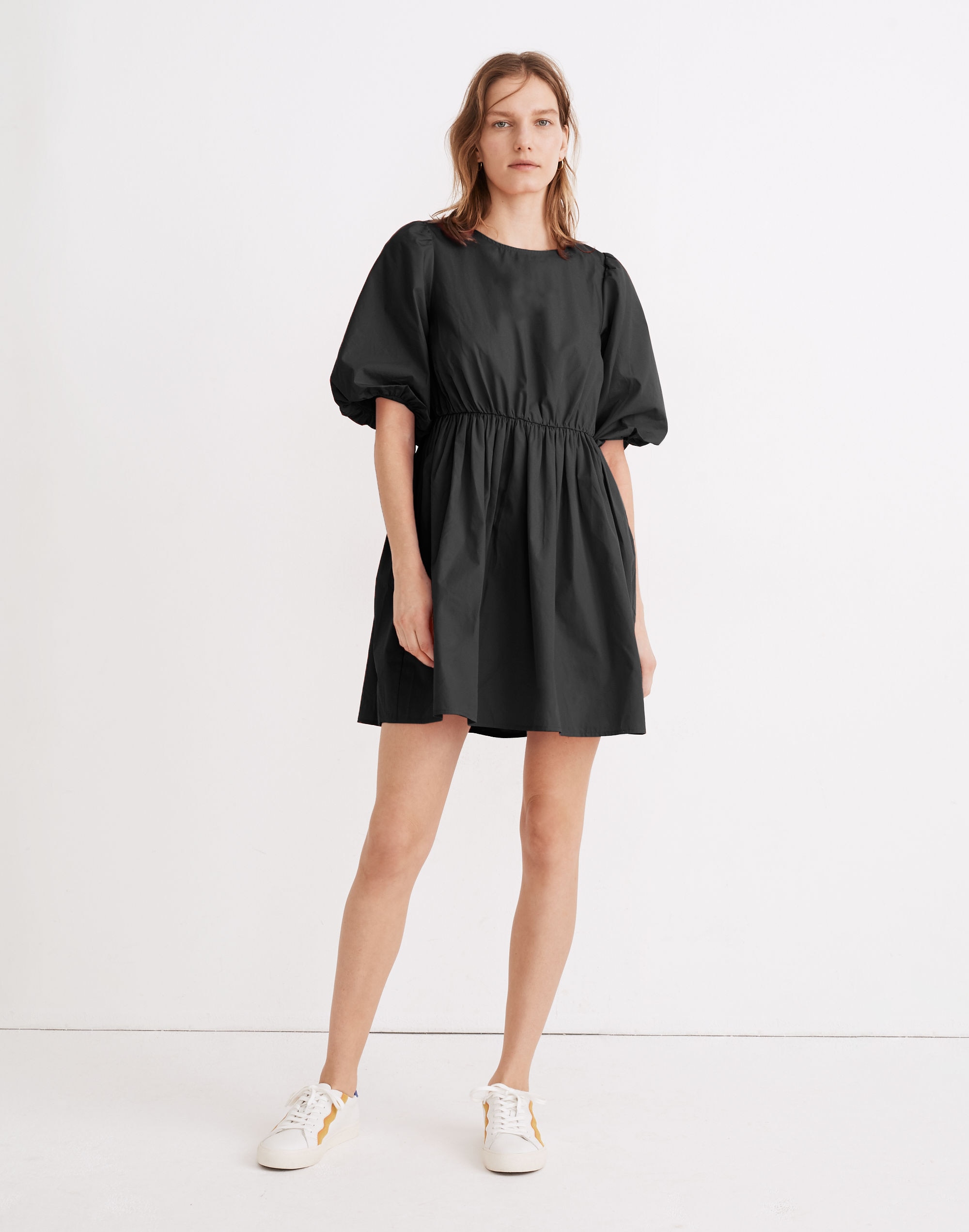 Poplin Crewneck Bubble-Sleeve Mini Dress