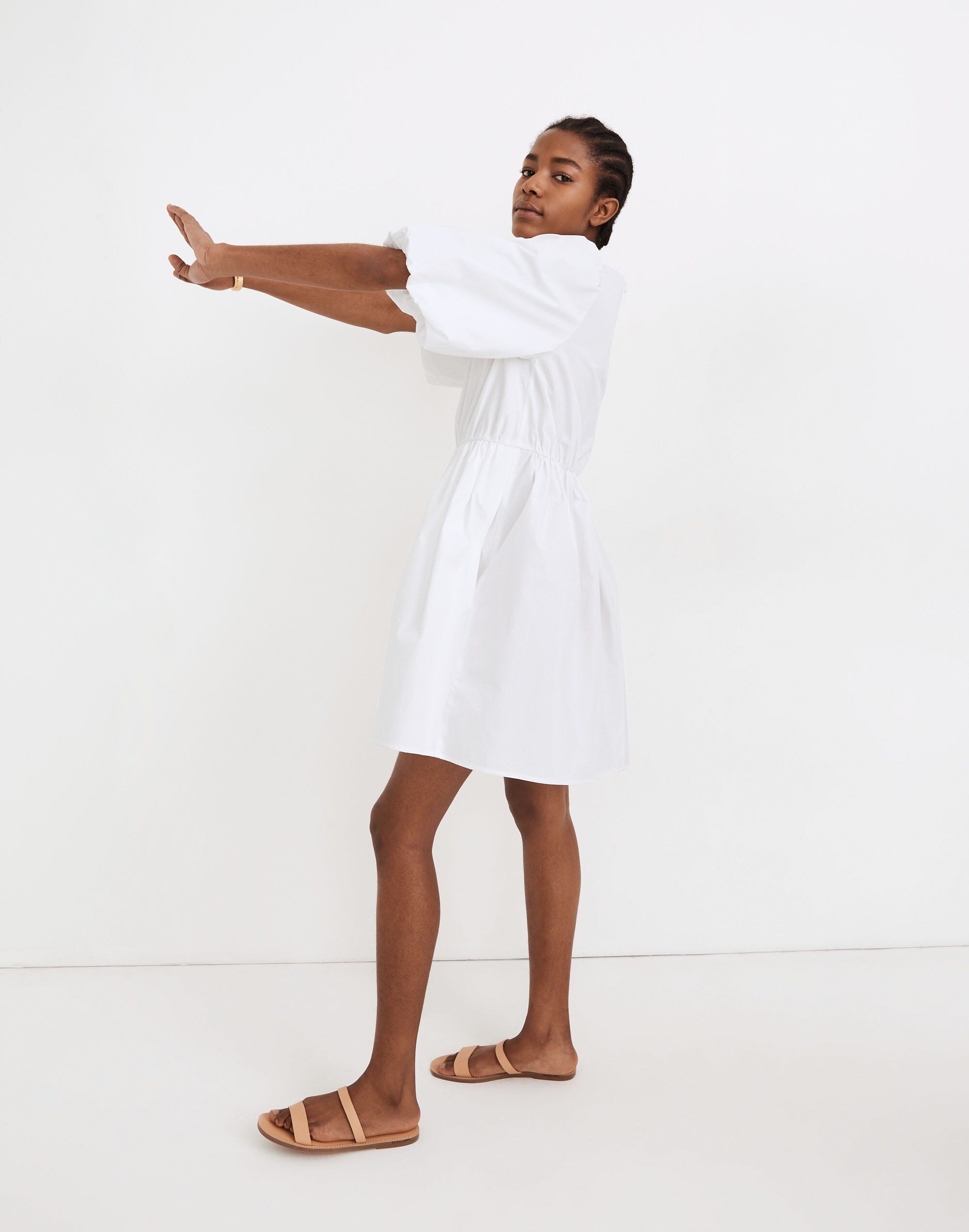 Poplin Crewneck Bubble-Sleeve Mini Dress