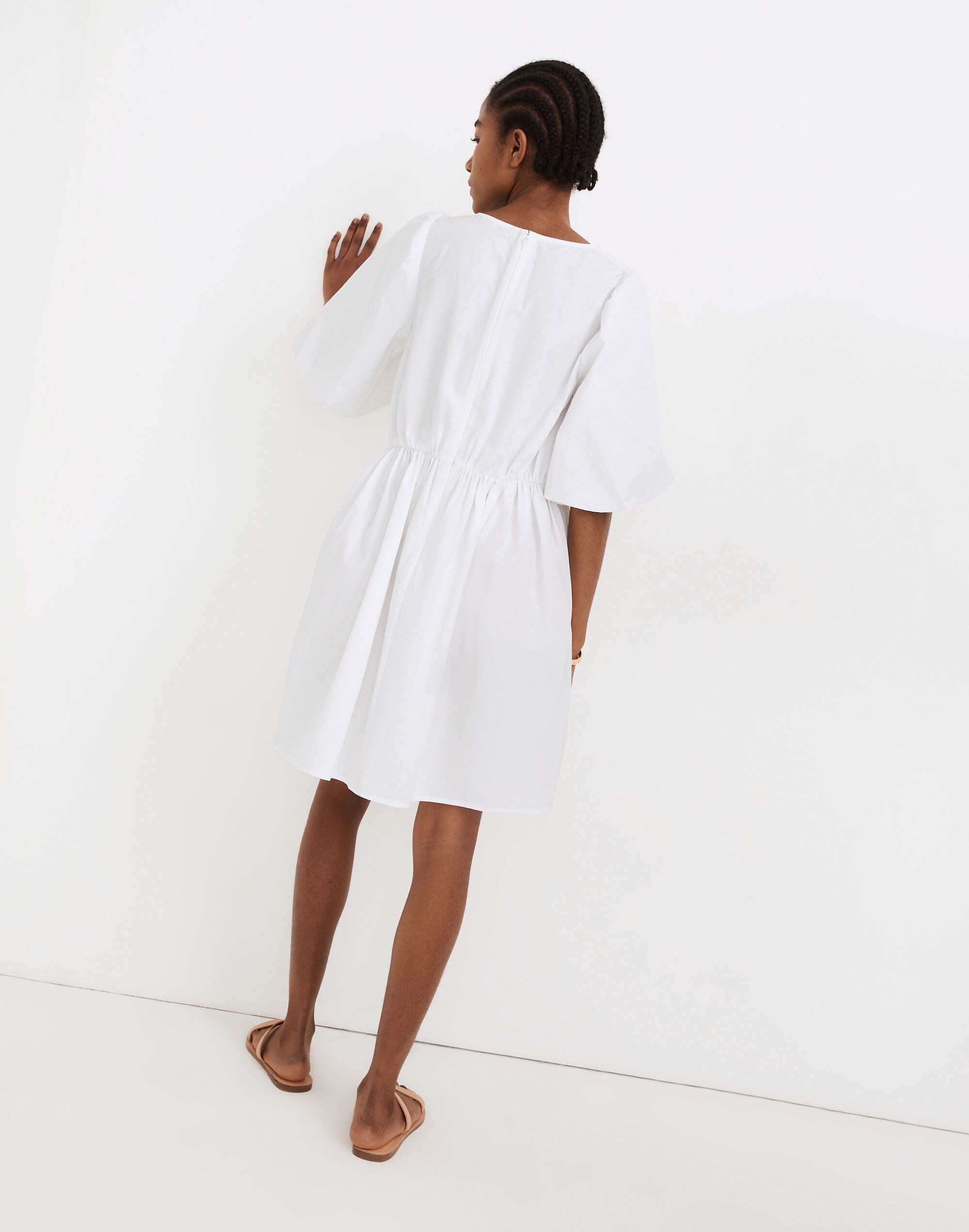 Poplin Crewneck Bubble-Sleeve Mini Dress