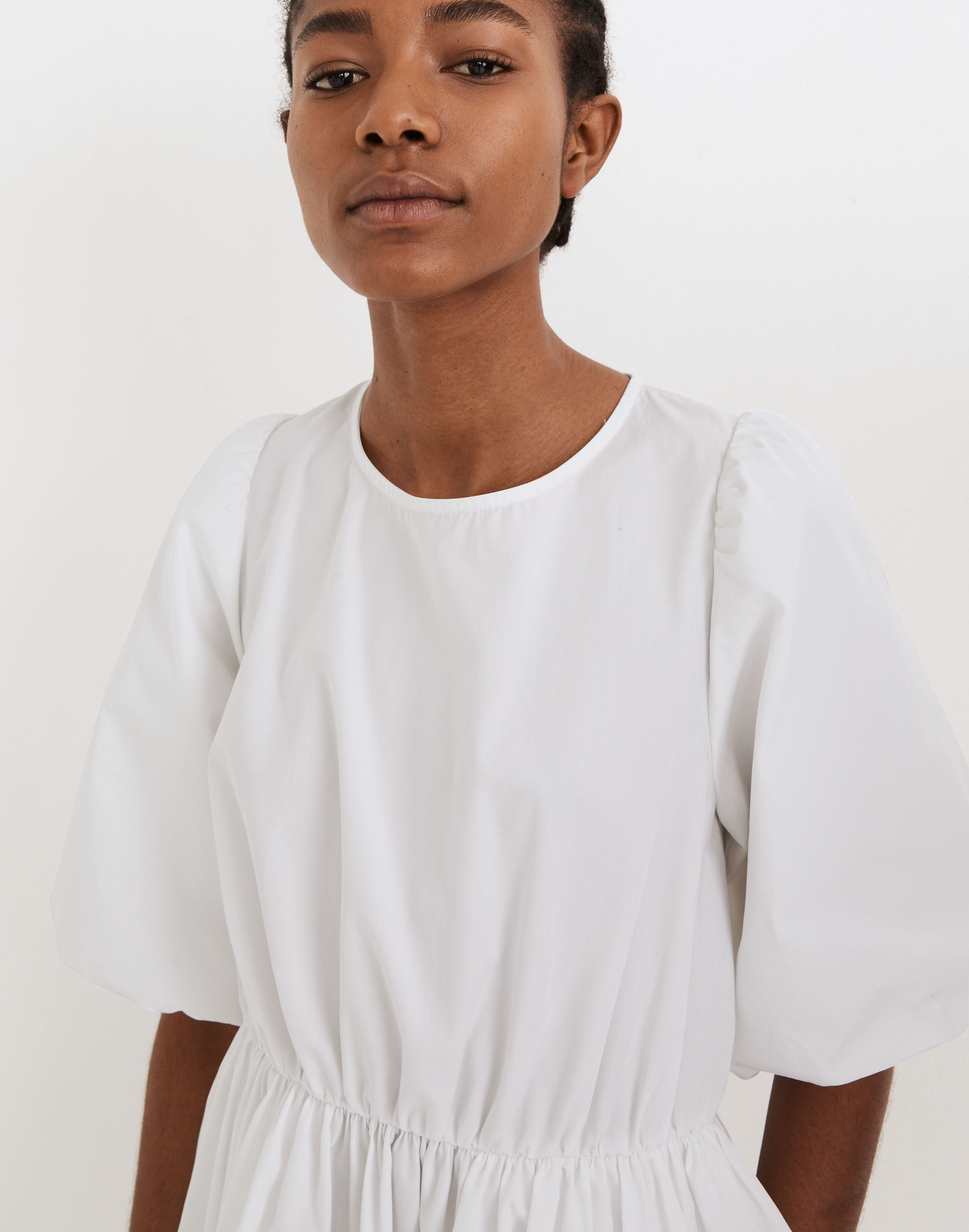 Poplin Crewneck Bubble-Sleeve Mini Dress