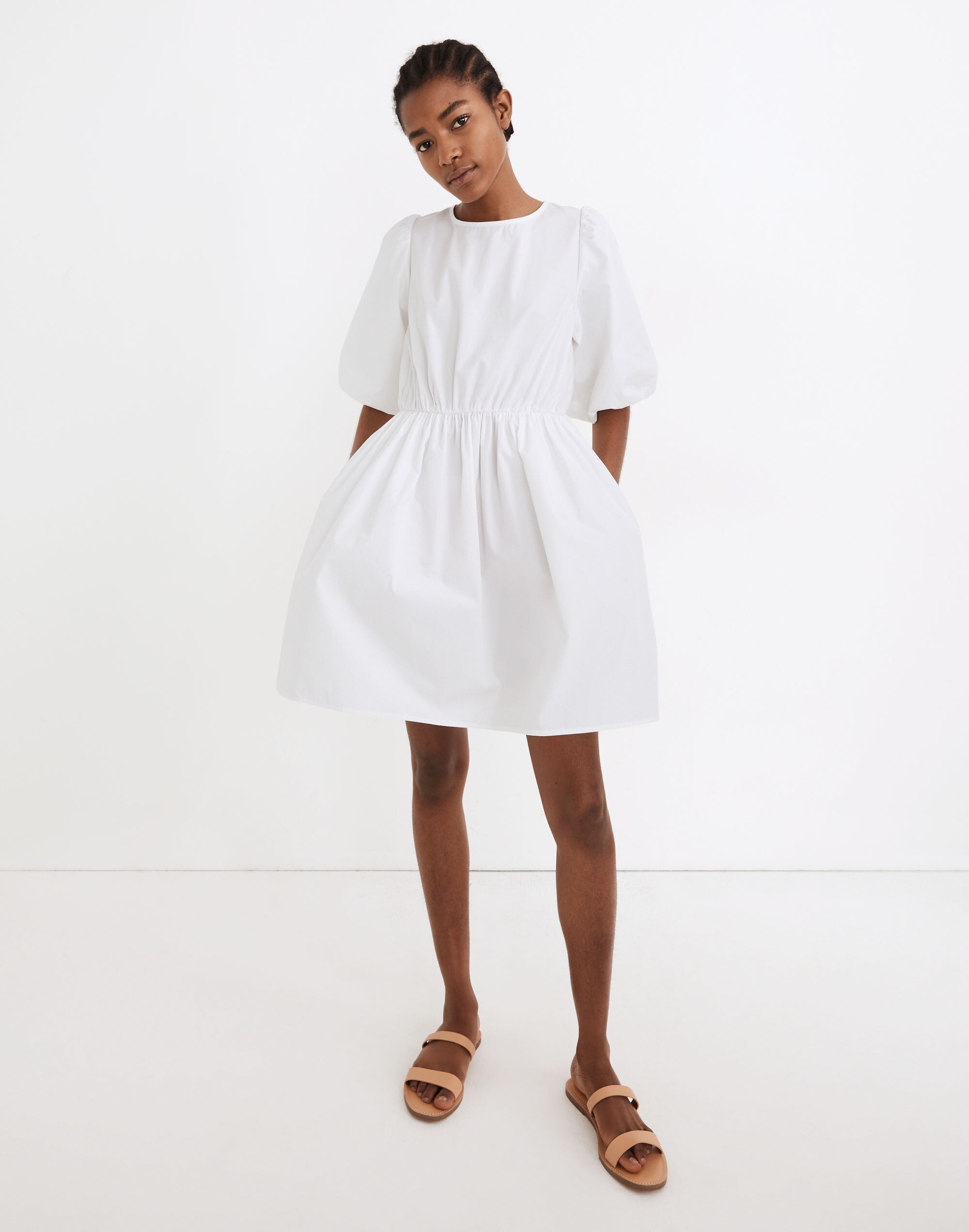 Poplin Crewneck Bubble-Sleeve Mini Dress