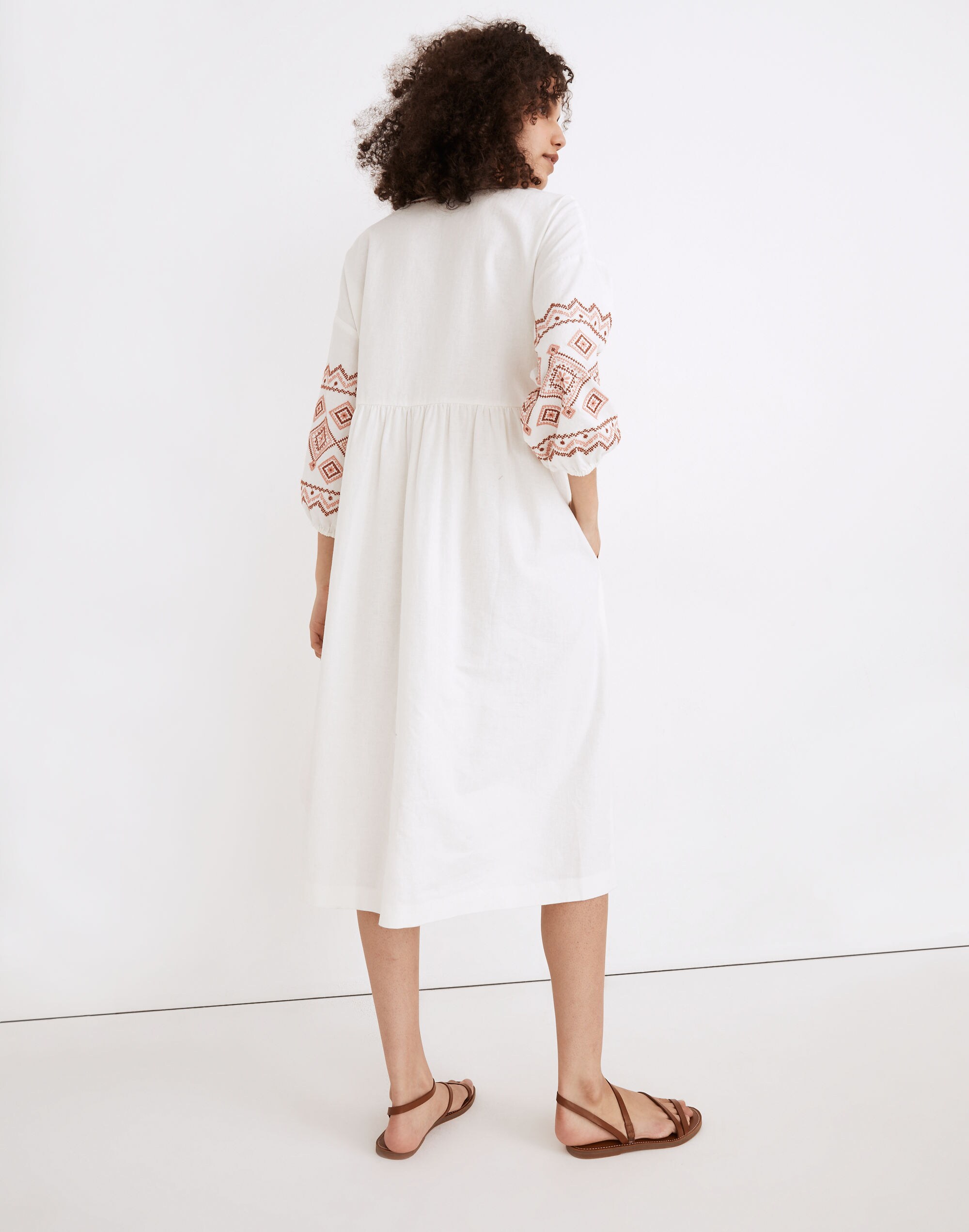 Embroidered-Sleeve Popover Midi Dress