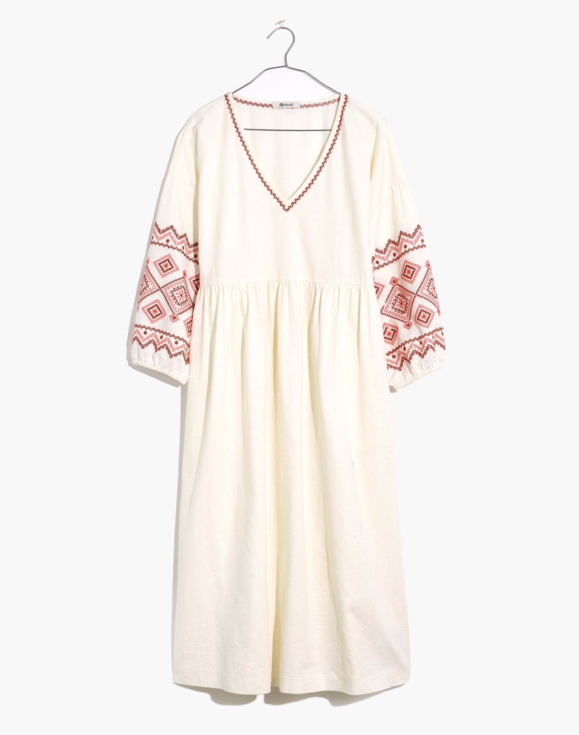 Embroidered-Sleeve Popover Midi Dress