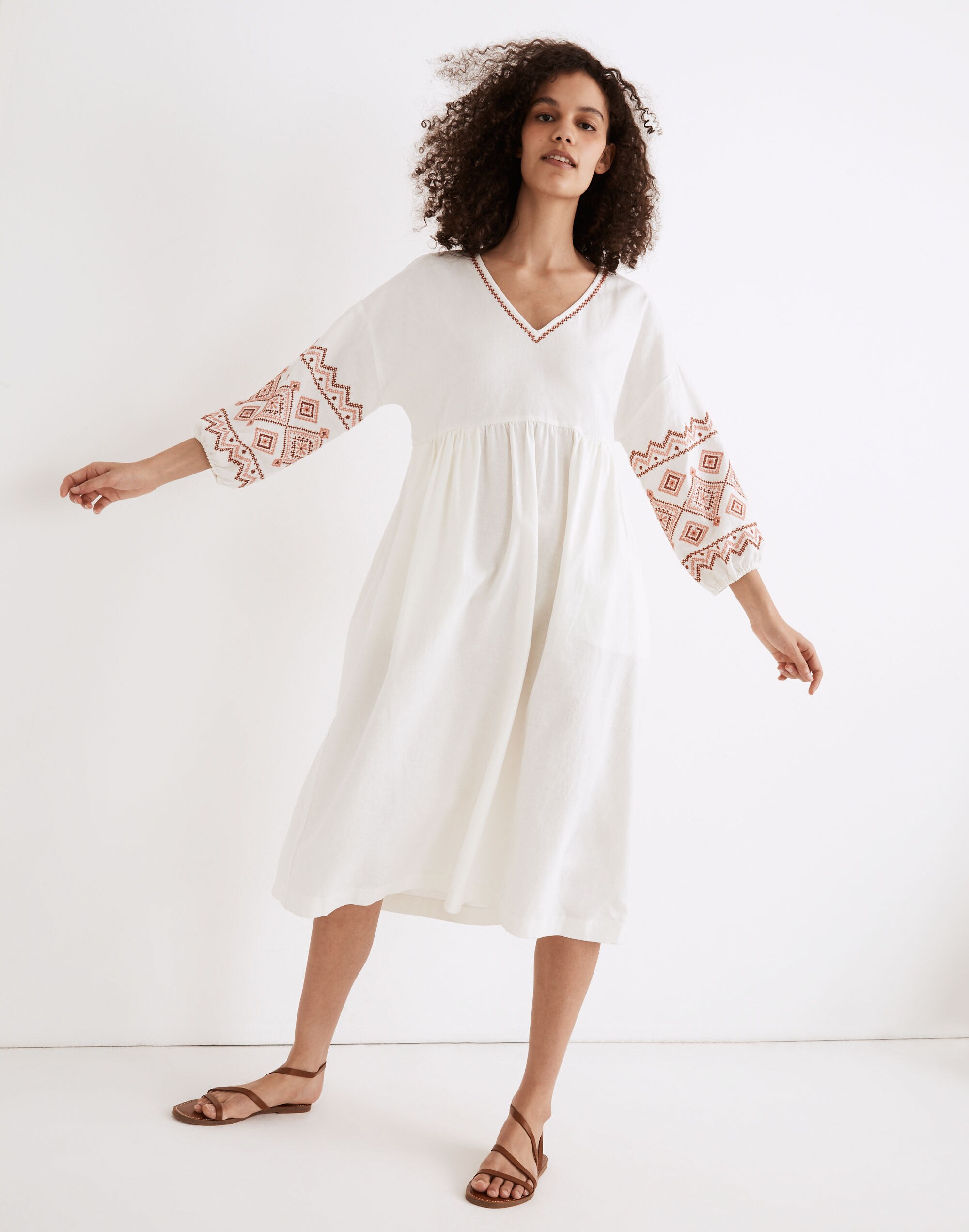 Embroidered-Sleeve Popover Midi Dress