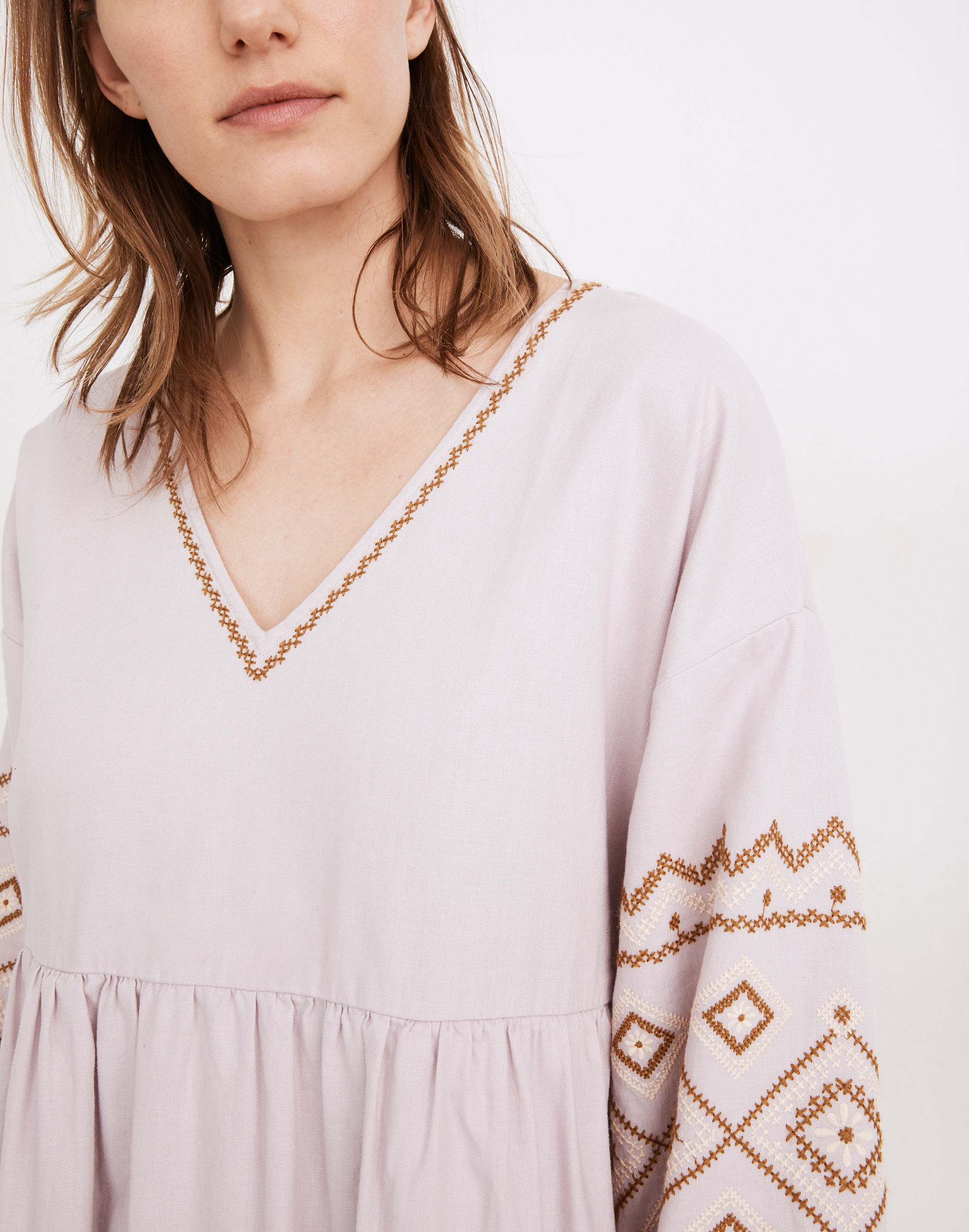 Petite Embroidered-Sleeve Popover Midi Dress