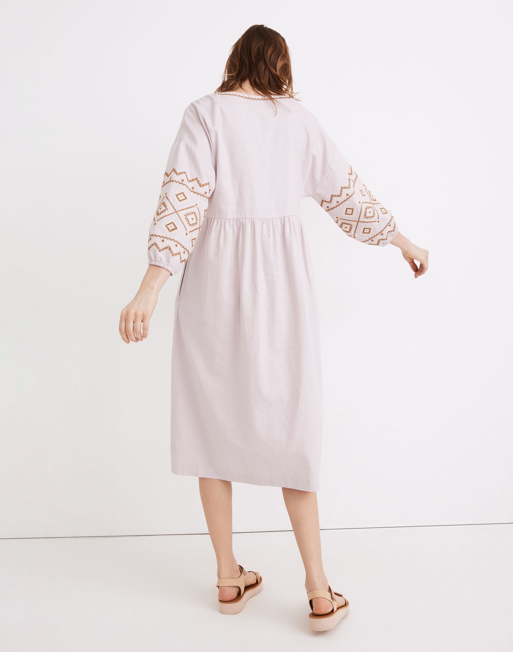 Petite Embroidered-Sleeve Popover Midi Dress