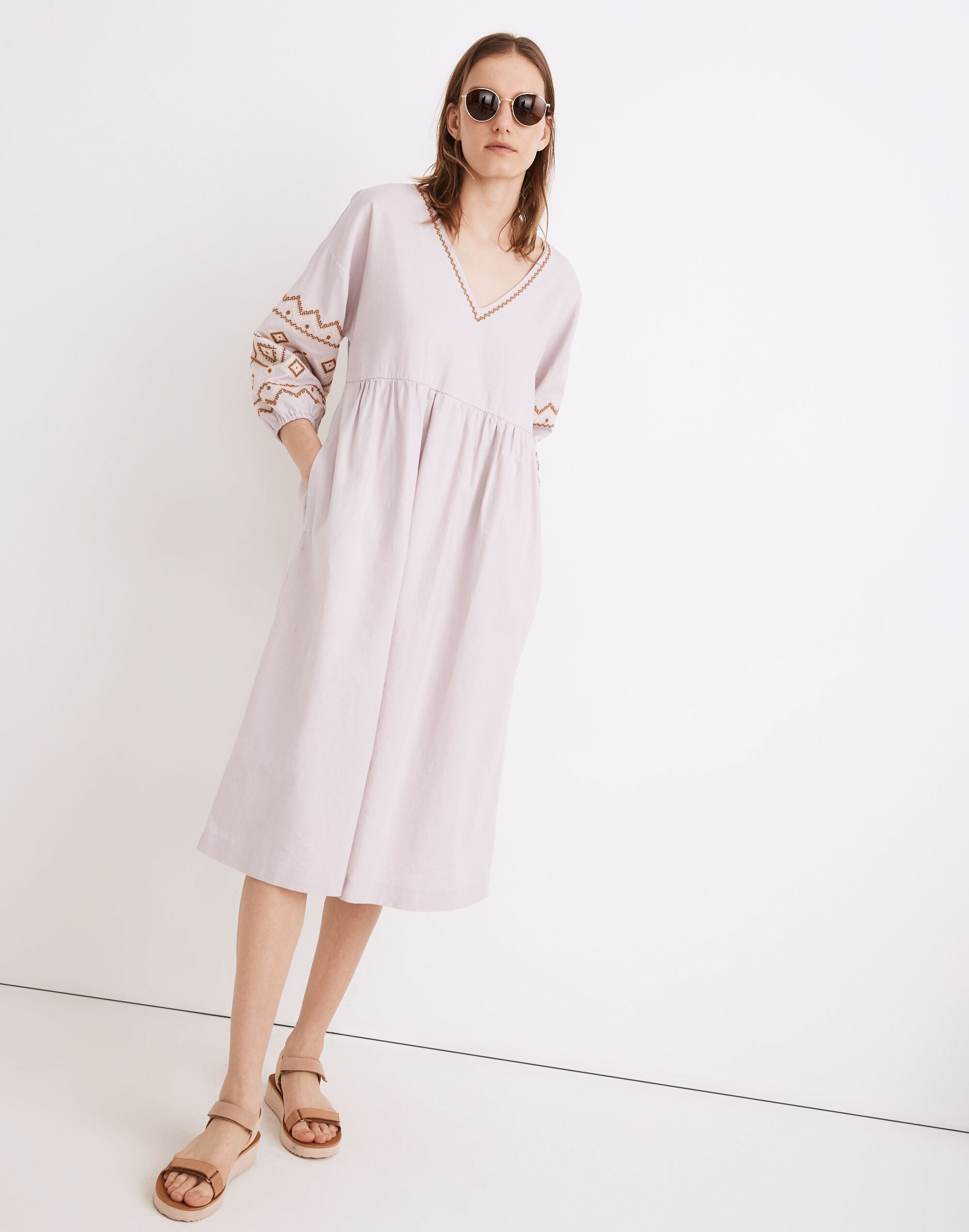Petite Embroidered-Sleeve Popover Midi Dress