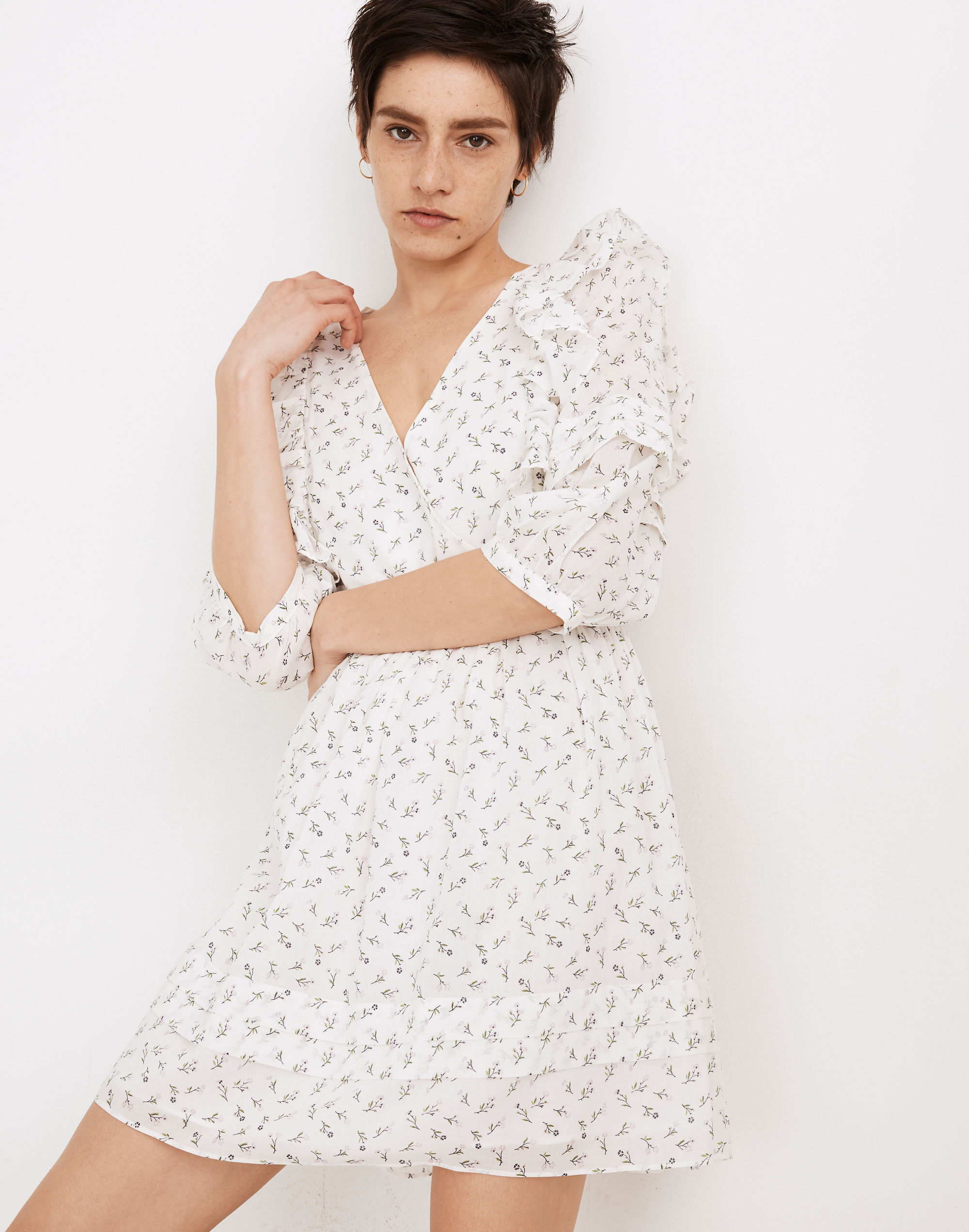 ruffled pleat-sleeve mini dress in spring fling