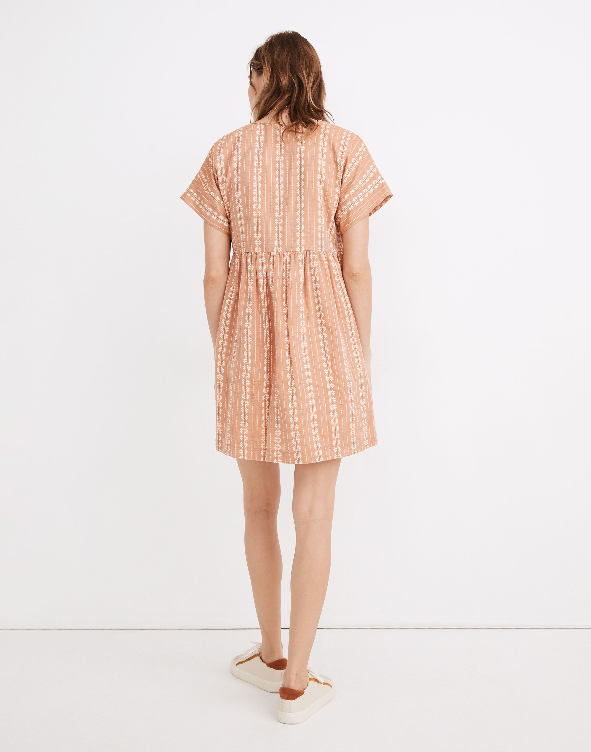 Embroidered Short-Sleeve Button-Front Mini Dress