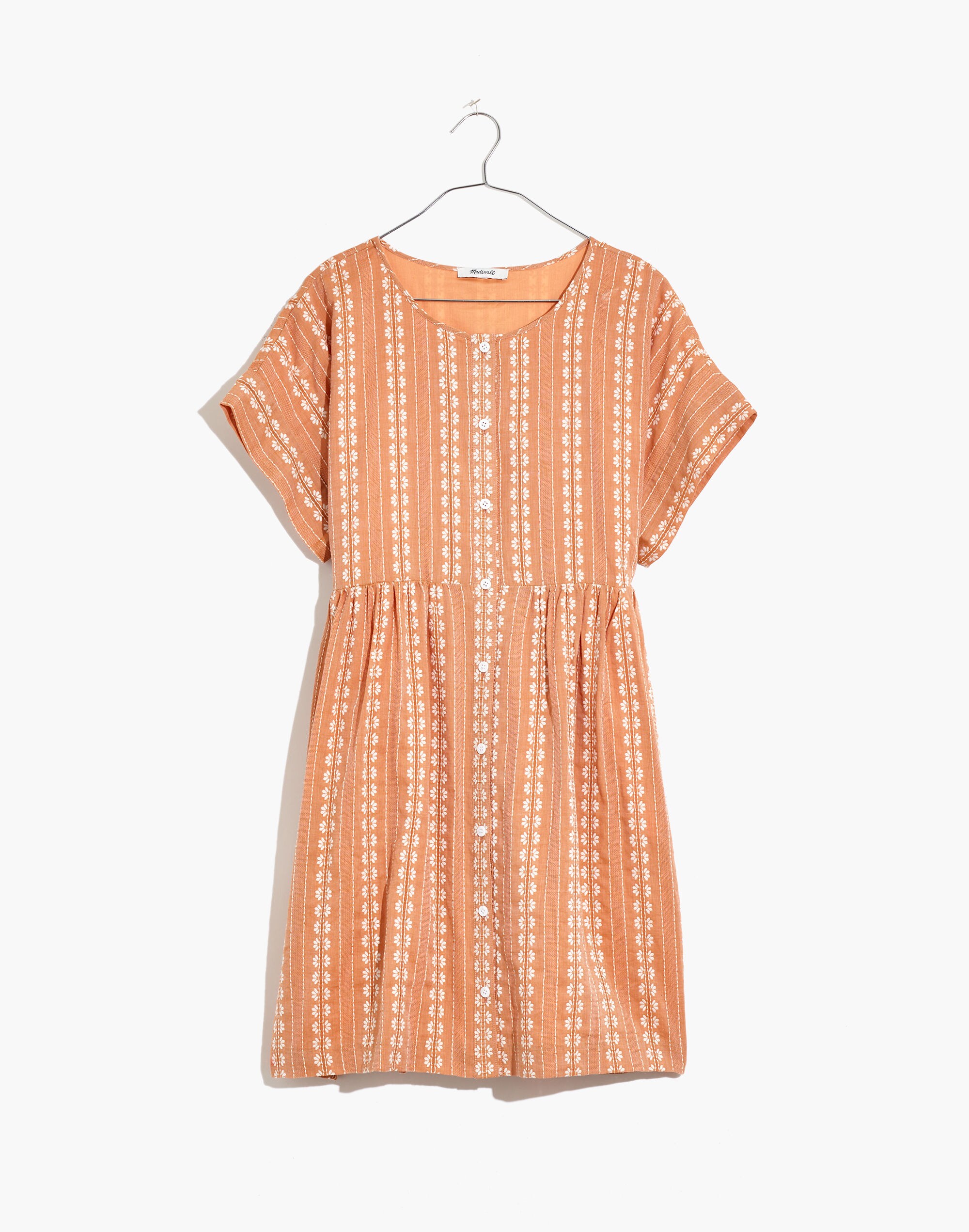 Embroidered Short-Sleeve Button-Front Mini Dress