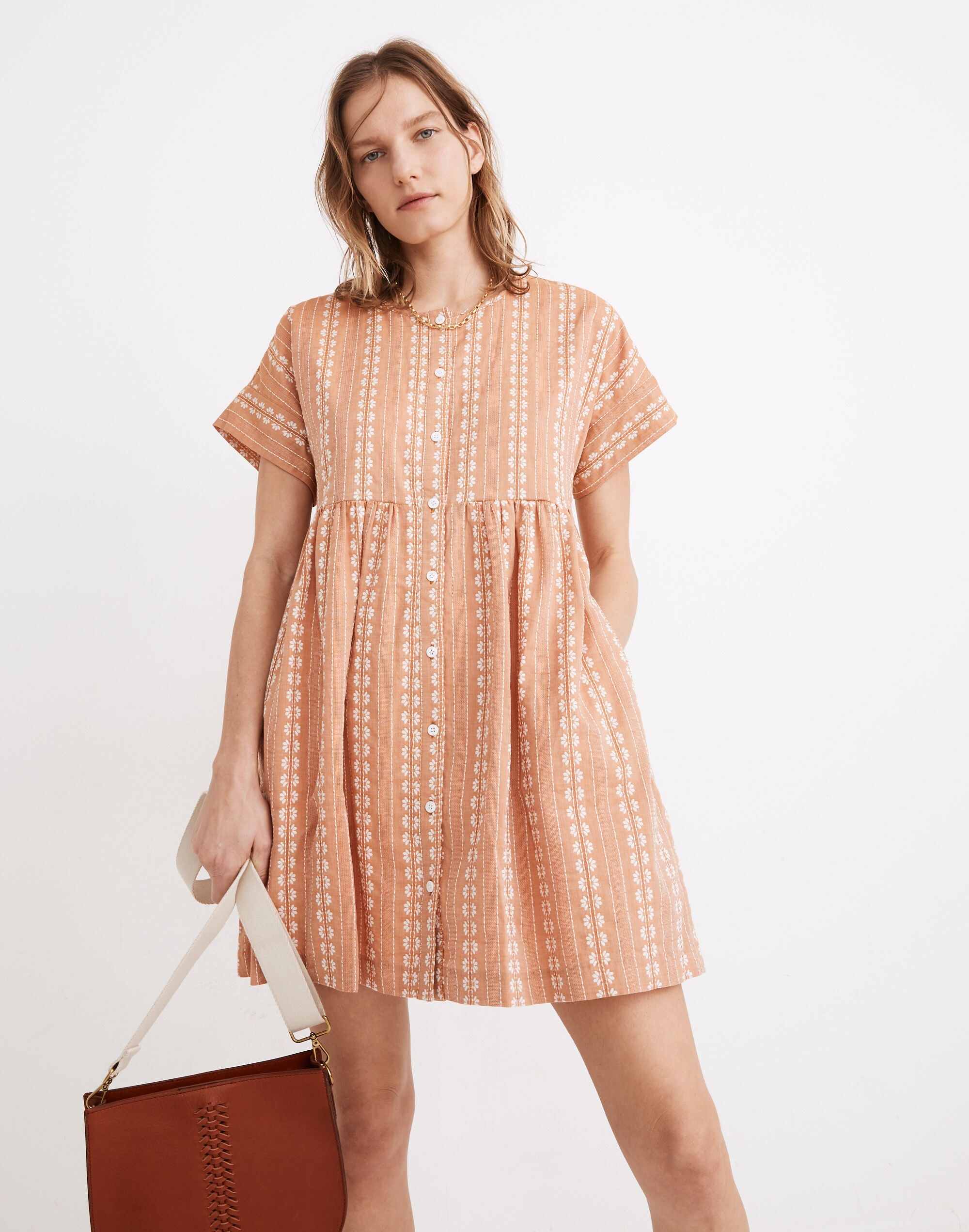 Embroidered Short-Sleeve Button-Front Mini Dress