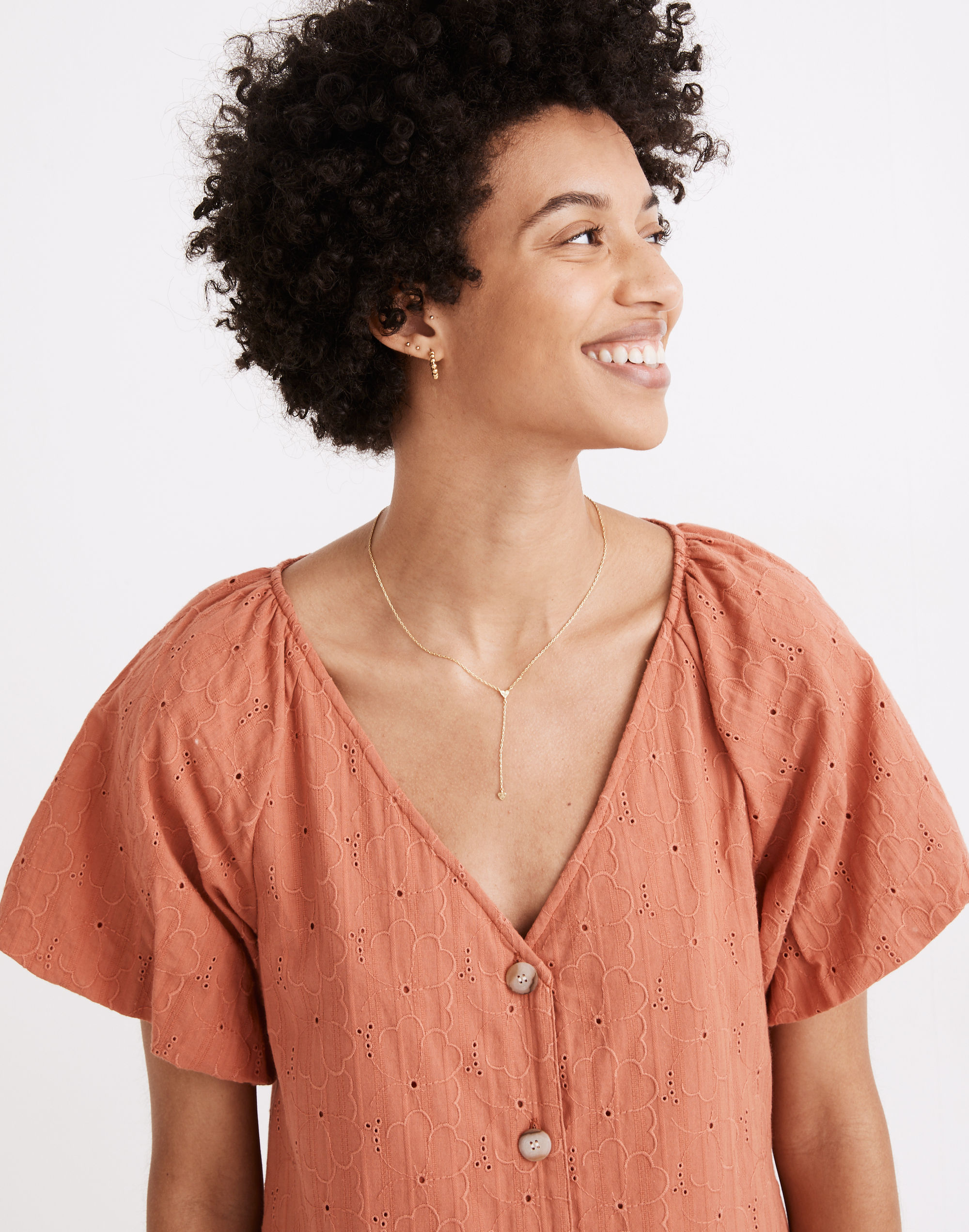 Embroidered Eyelet Bubble-Sleeve Button-Front Midi Dress