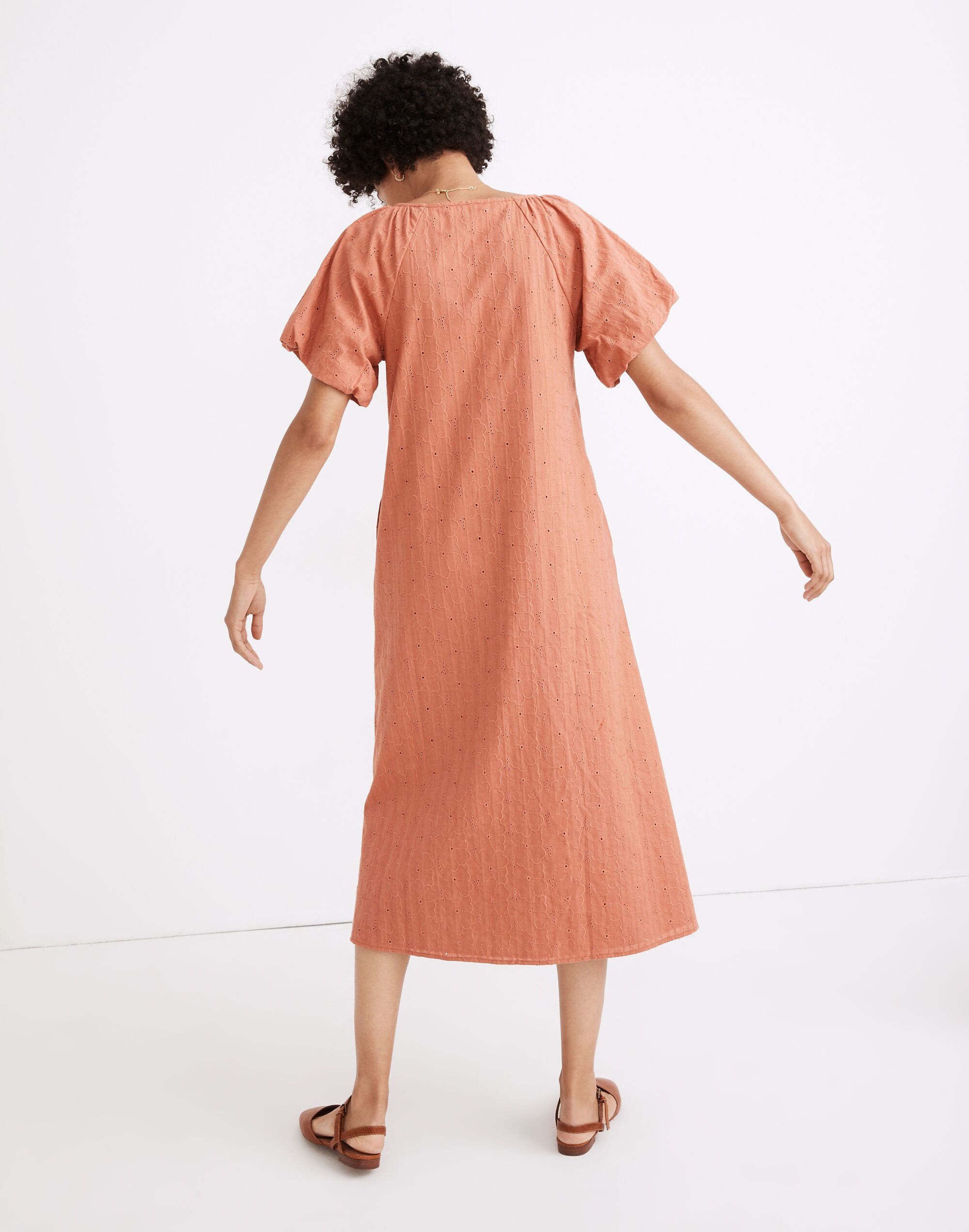 Embroidered Eyelet Bubble-Sleeve Button-Front Midi Dress