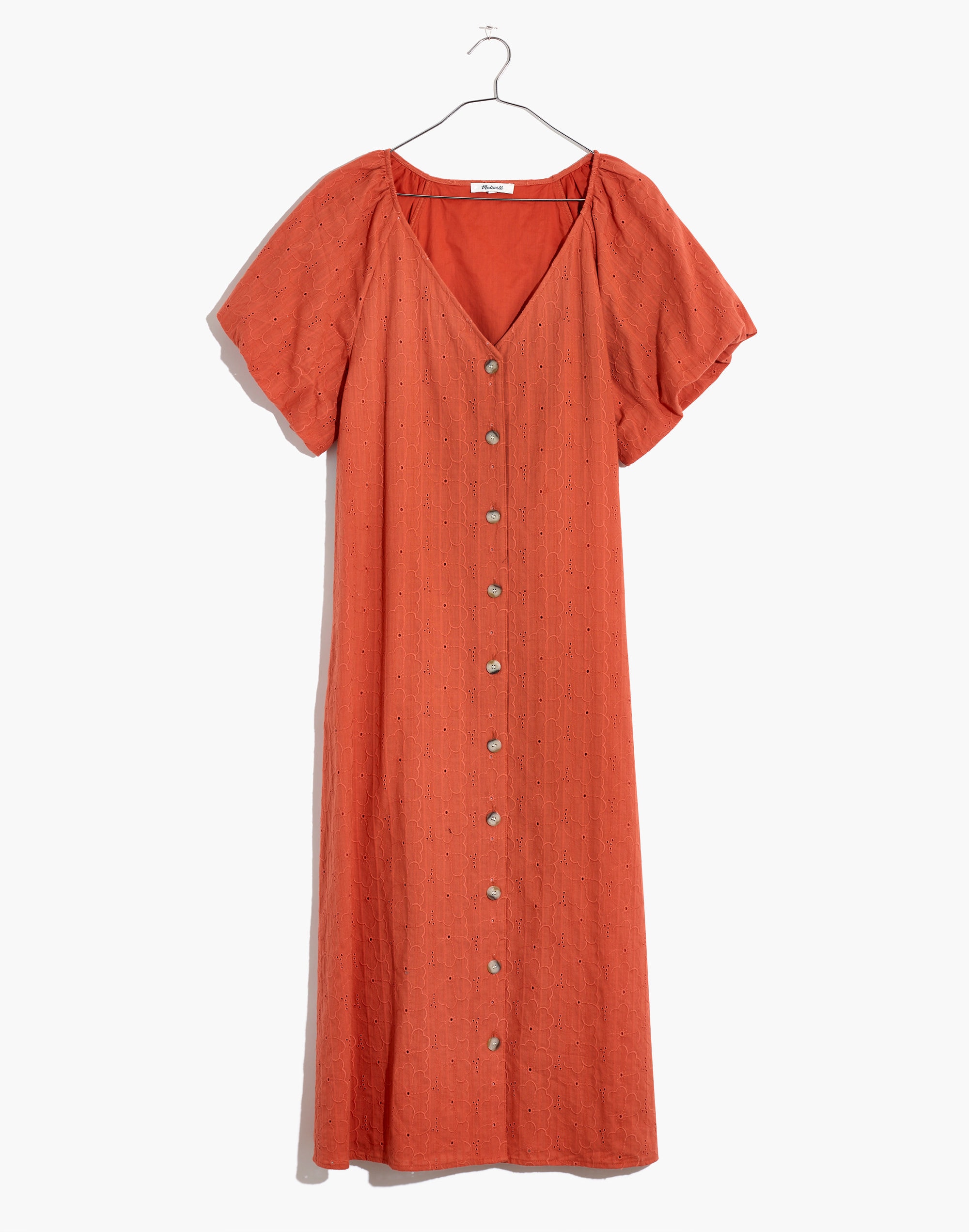 Embroidered Eyelet Bubble-Sleeve Button-Front Midi Dress