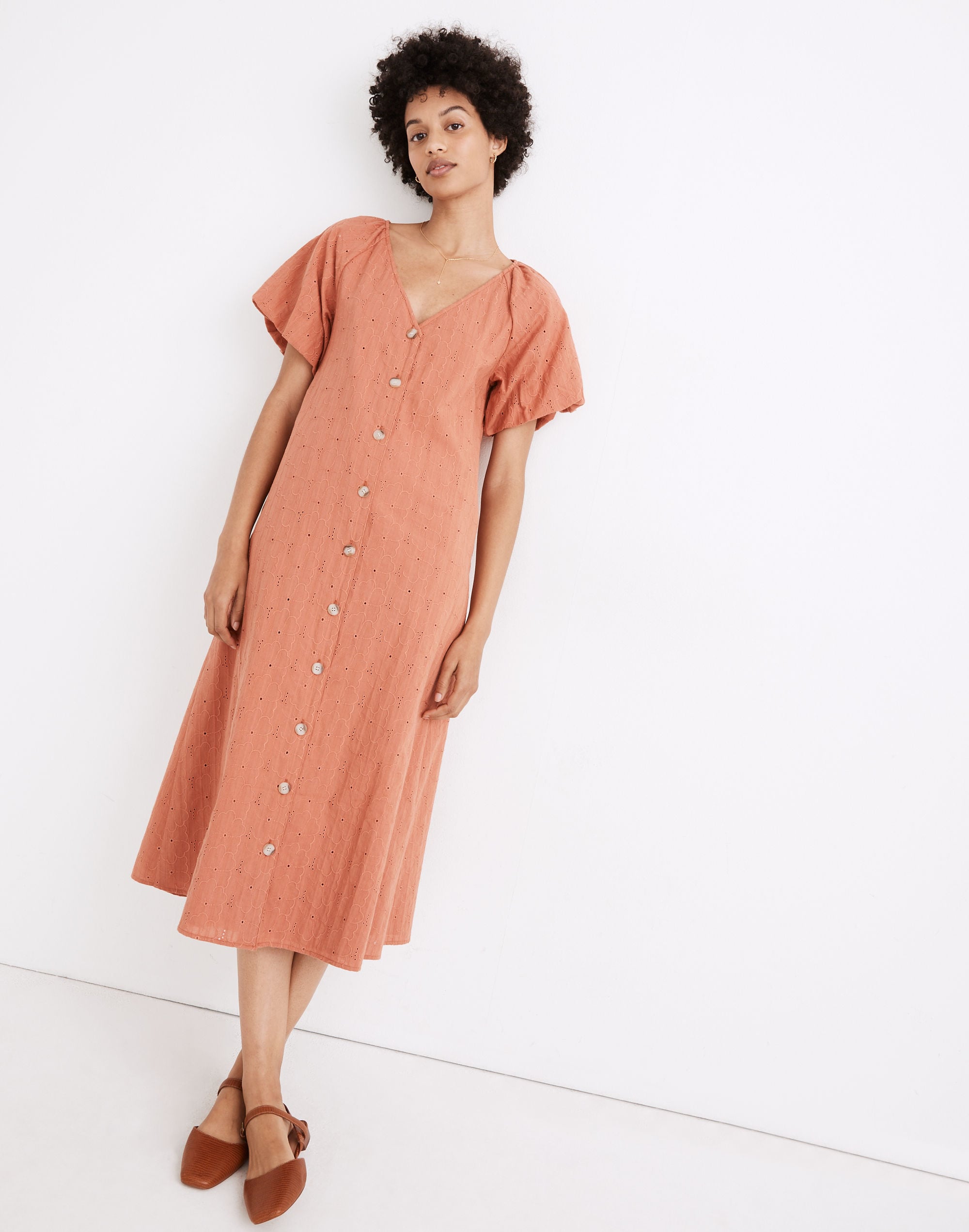 embroidered eyelet bubble-sleeve button-front midi dress