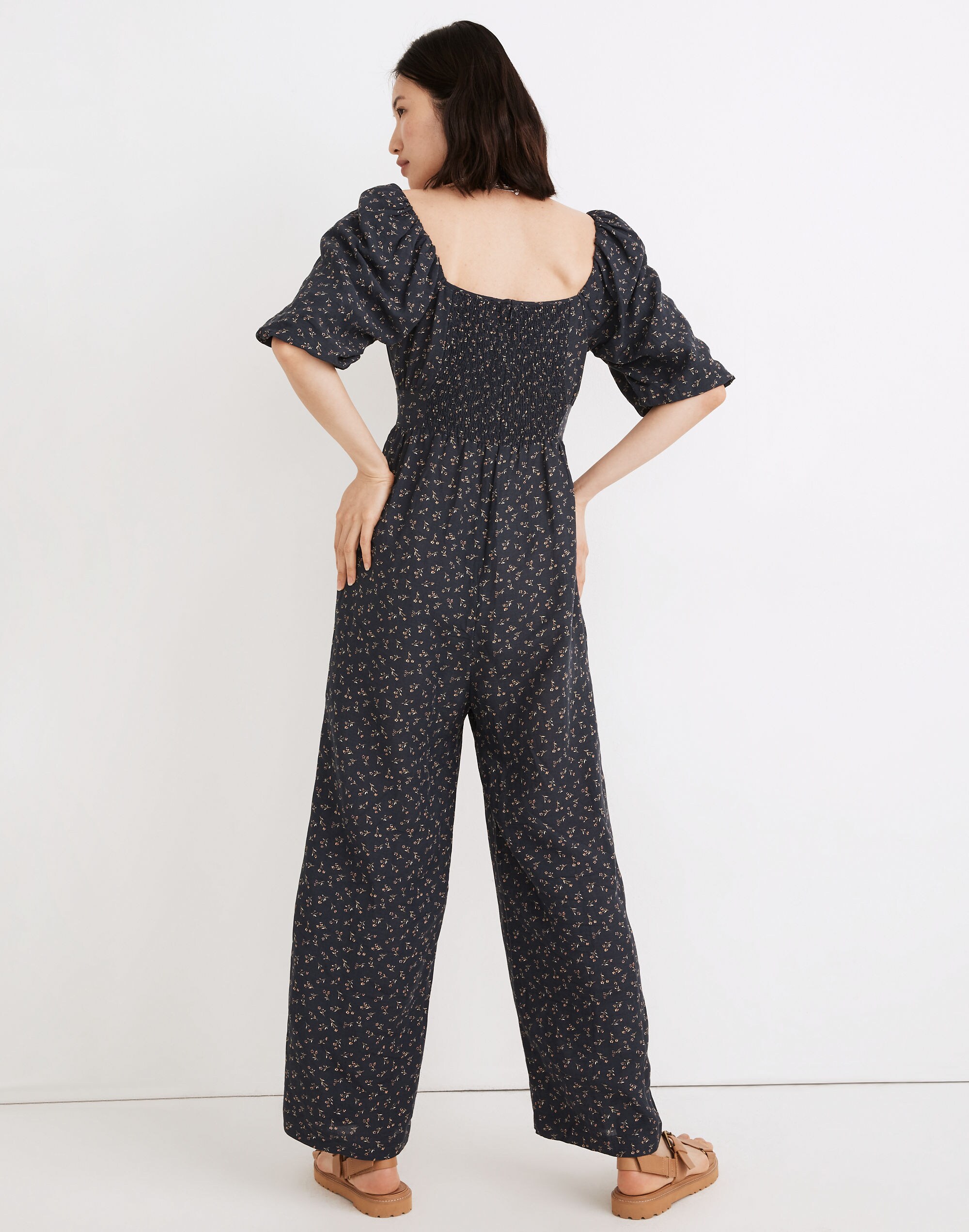 Square-Neck Bubble-Sleeve Jumpsuit in Spring Fling