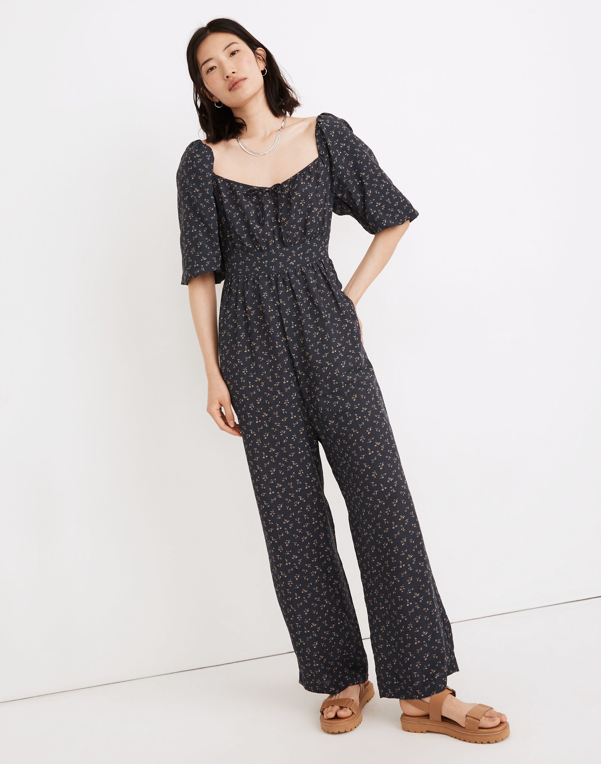 square-neck bubble-sleeve jumpsuit in spring fling