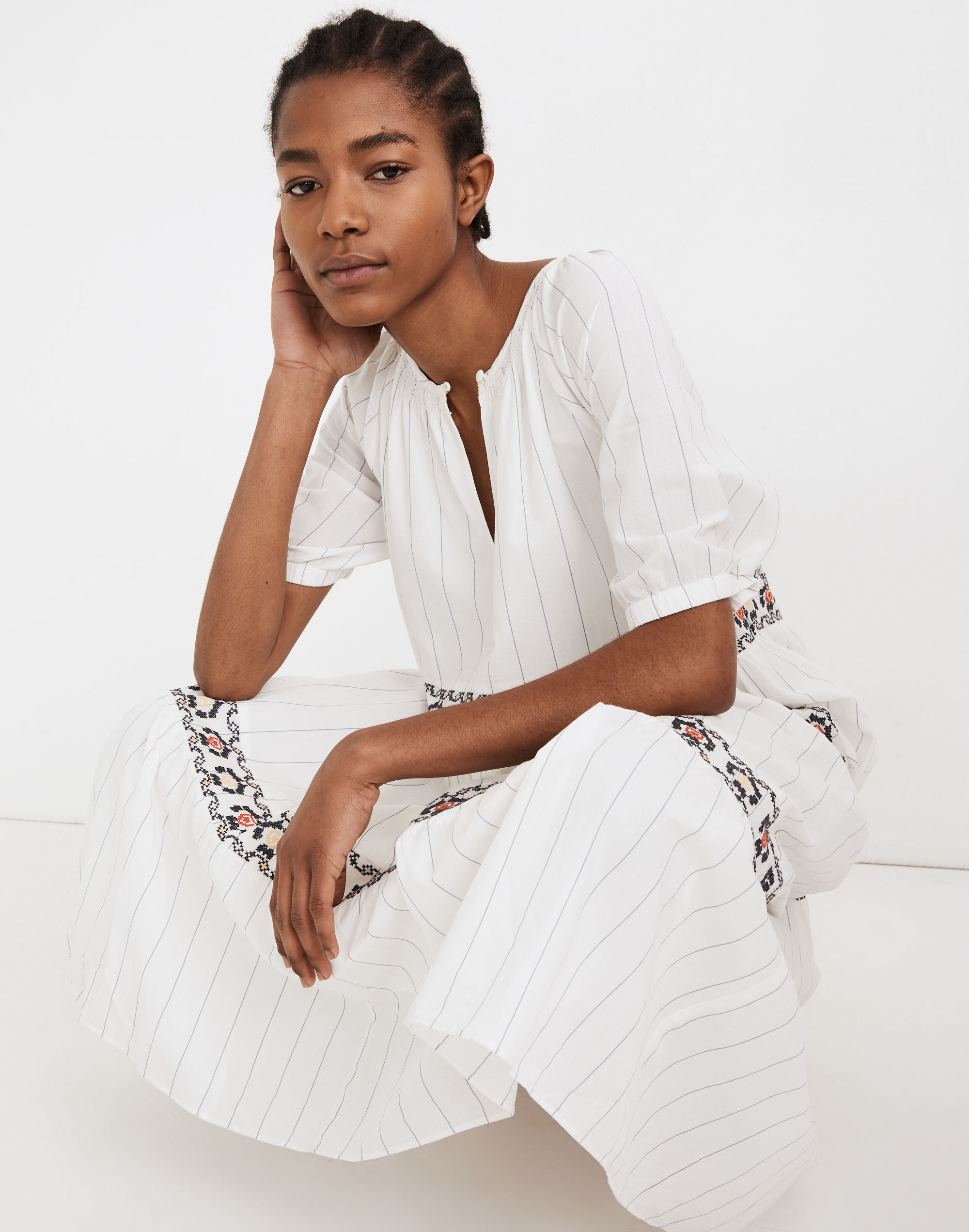 Embroidered Keyhole Tiered Midi Dress in Stripe