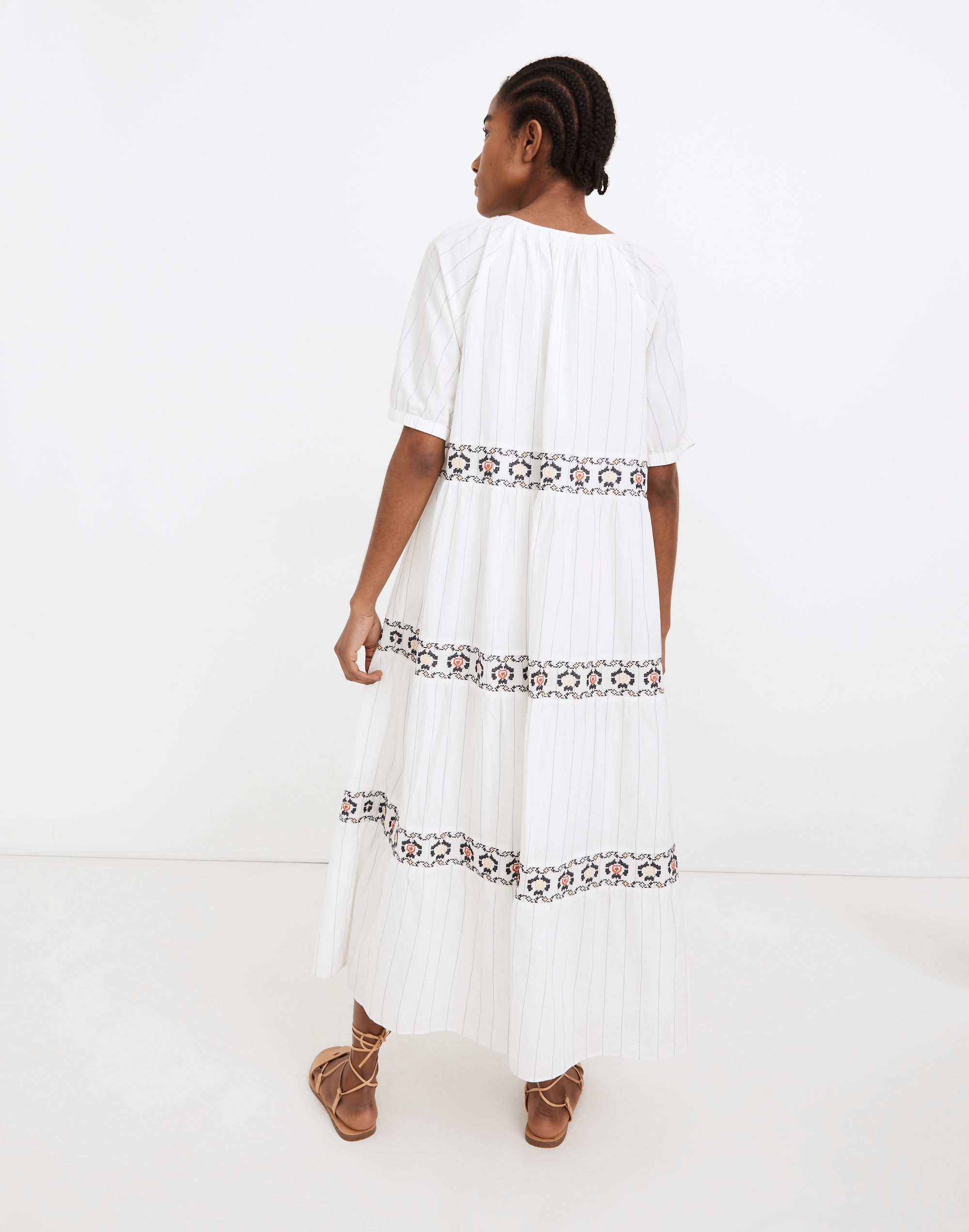 Embroidered Keyhole Tiered Midi Dress in Stripe