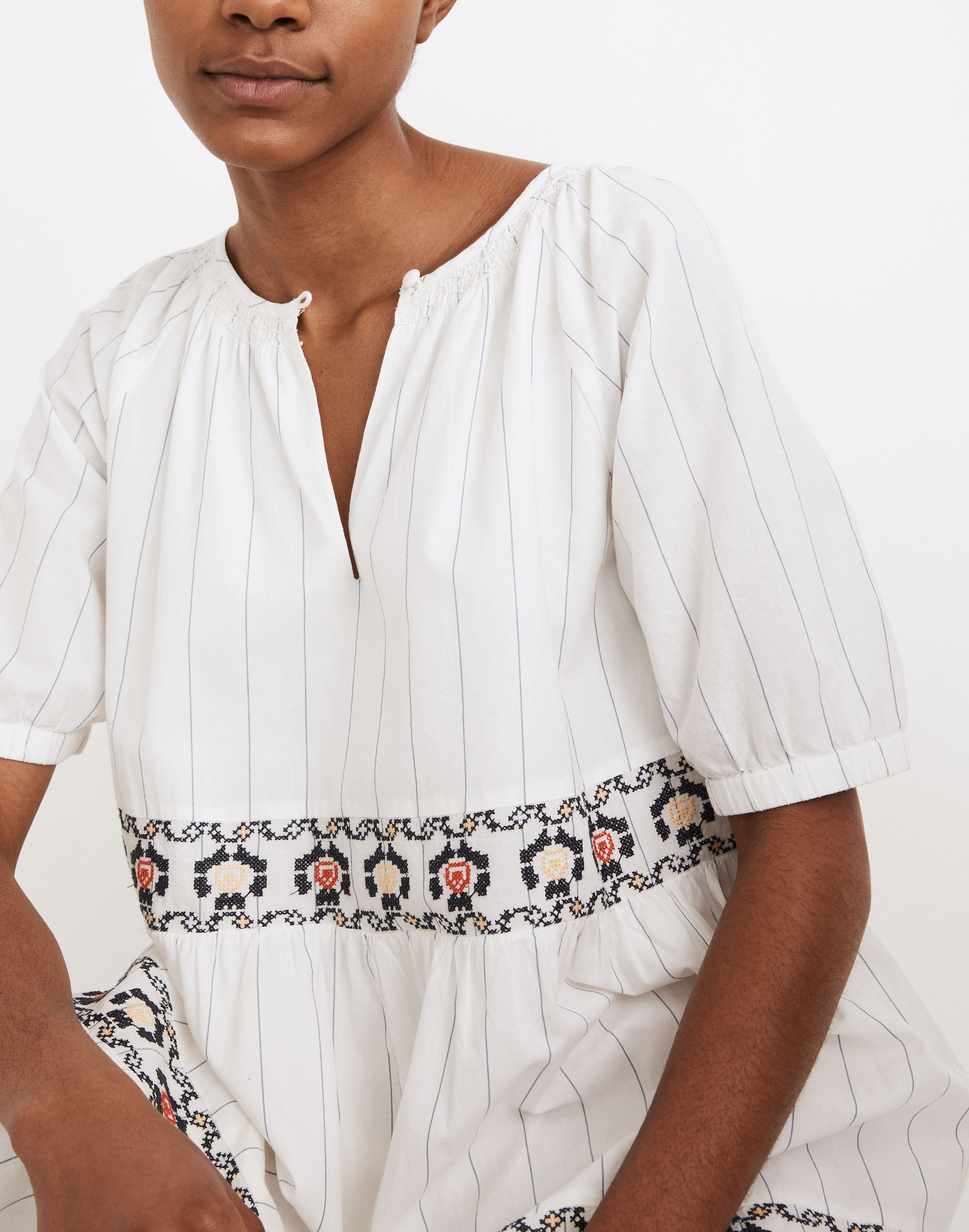 Embroidered Keyhole Tiered Midi Dress in Stripe