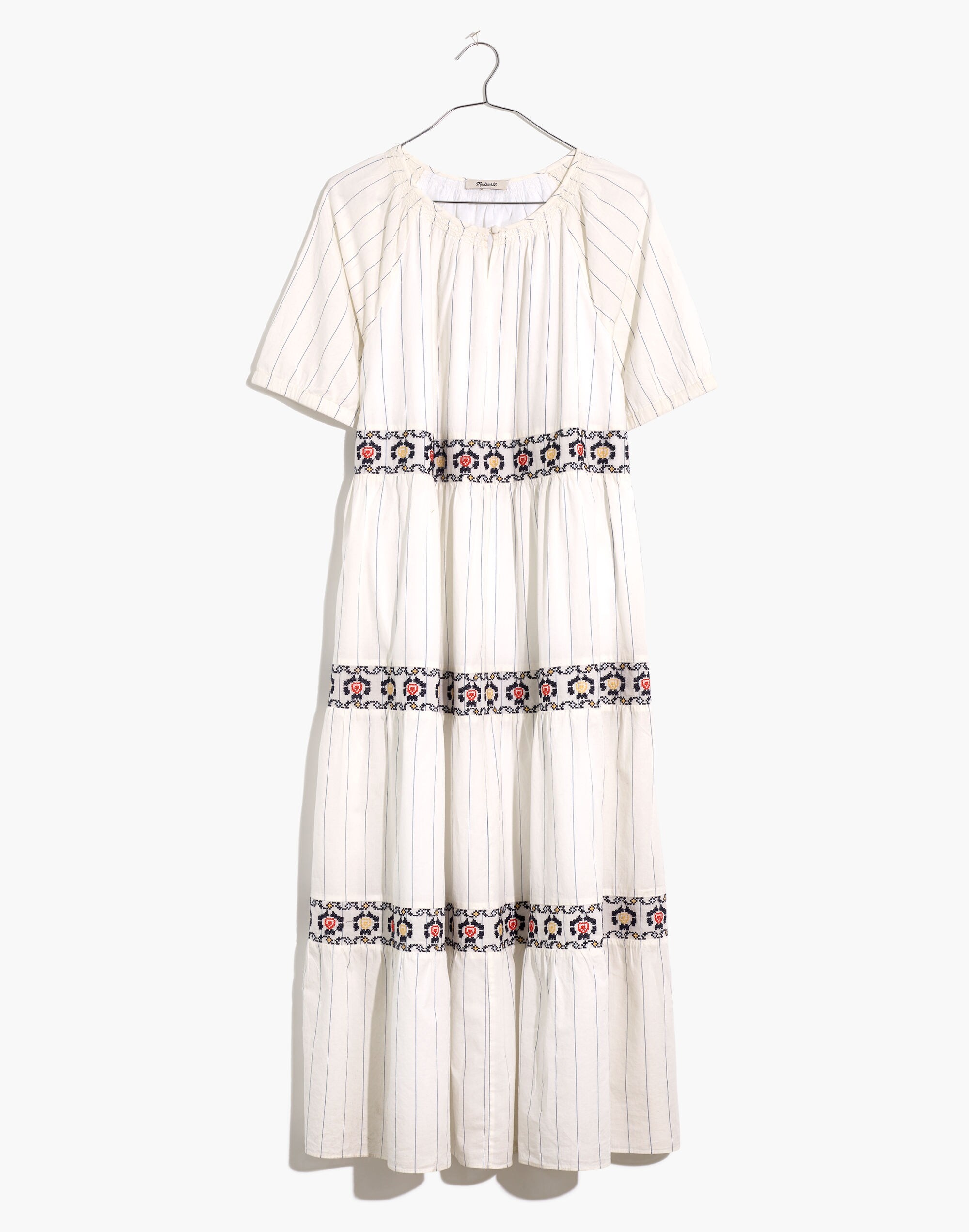 Embroidered Keyhole Tiered Midi Dress in Stripe