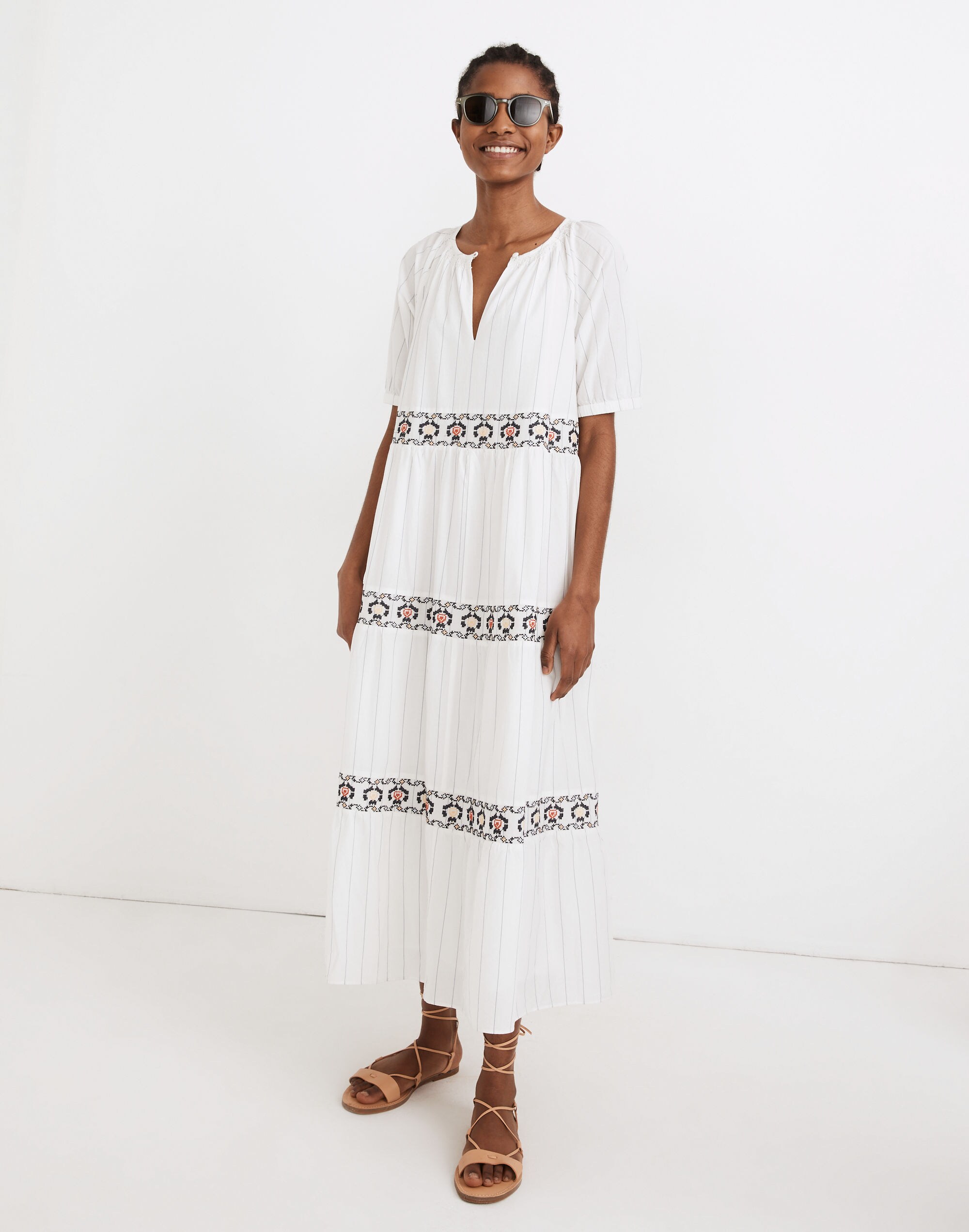 Embroidered Keyhole Tiered Midi Dress in Stripe