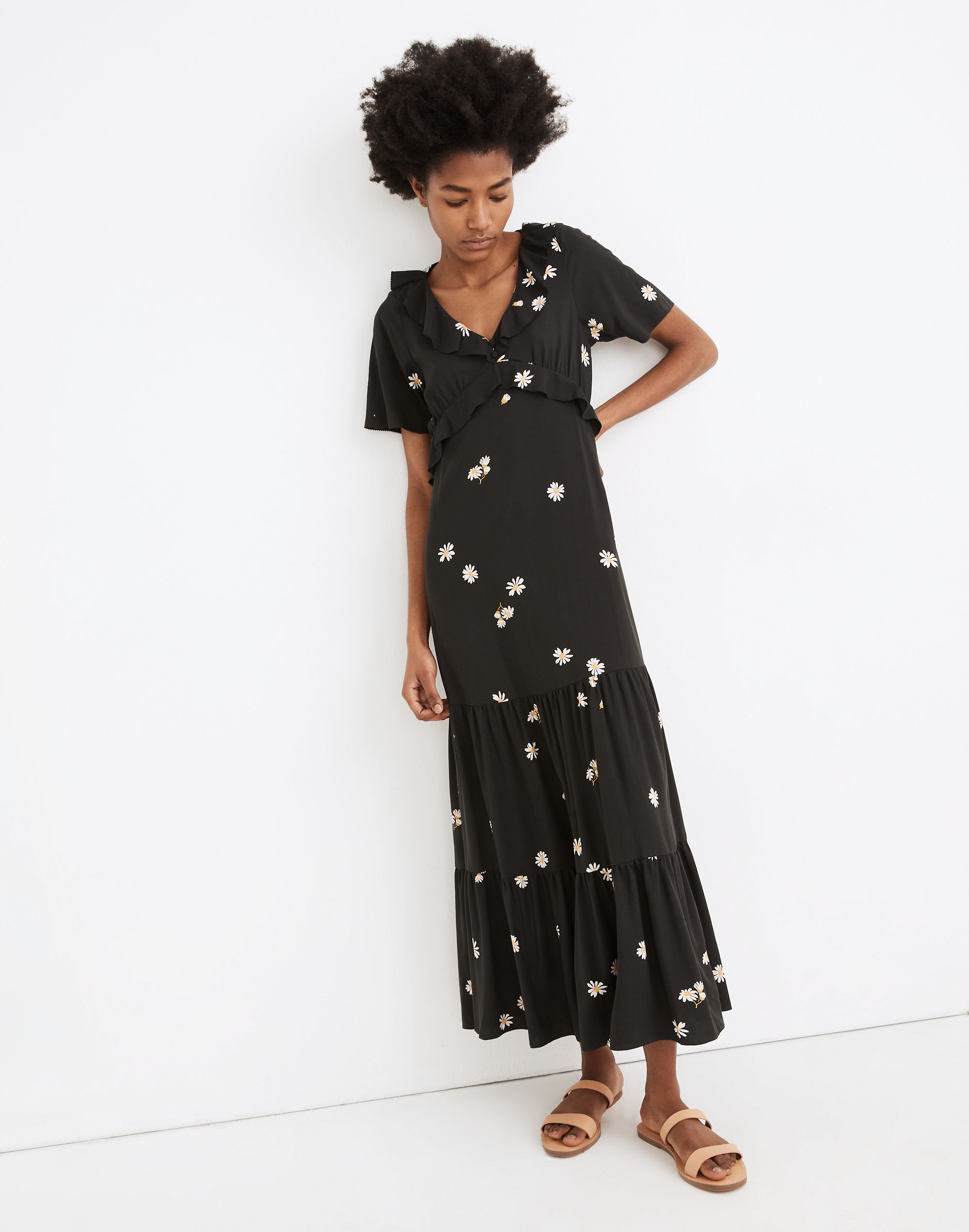 ruffled tiered maxi dress in lazy daisies