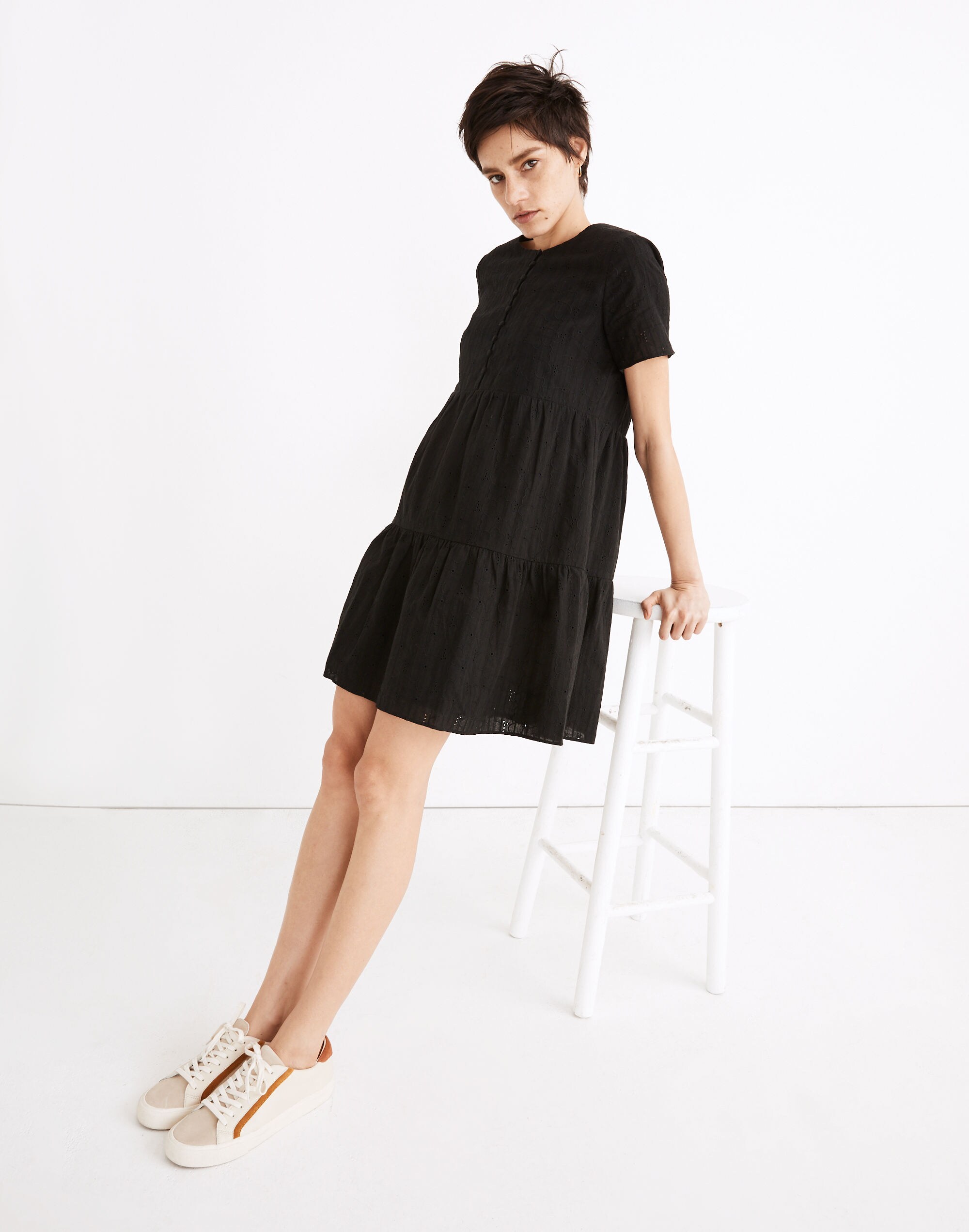Embroidered Eyelet Button-Front Tiered Mini Dress