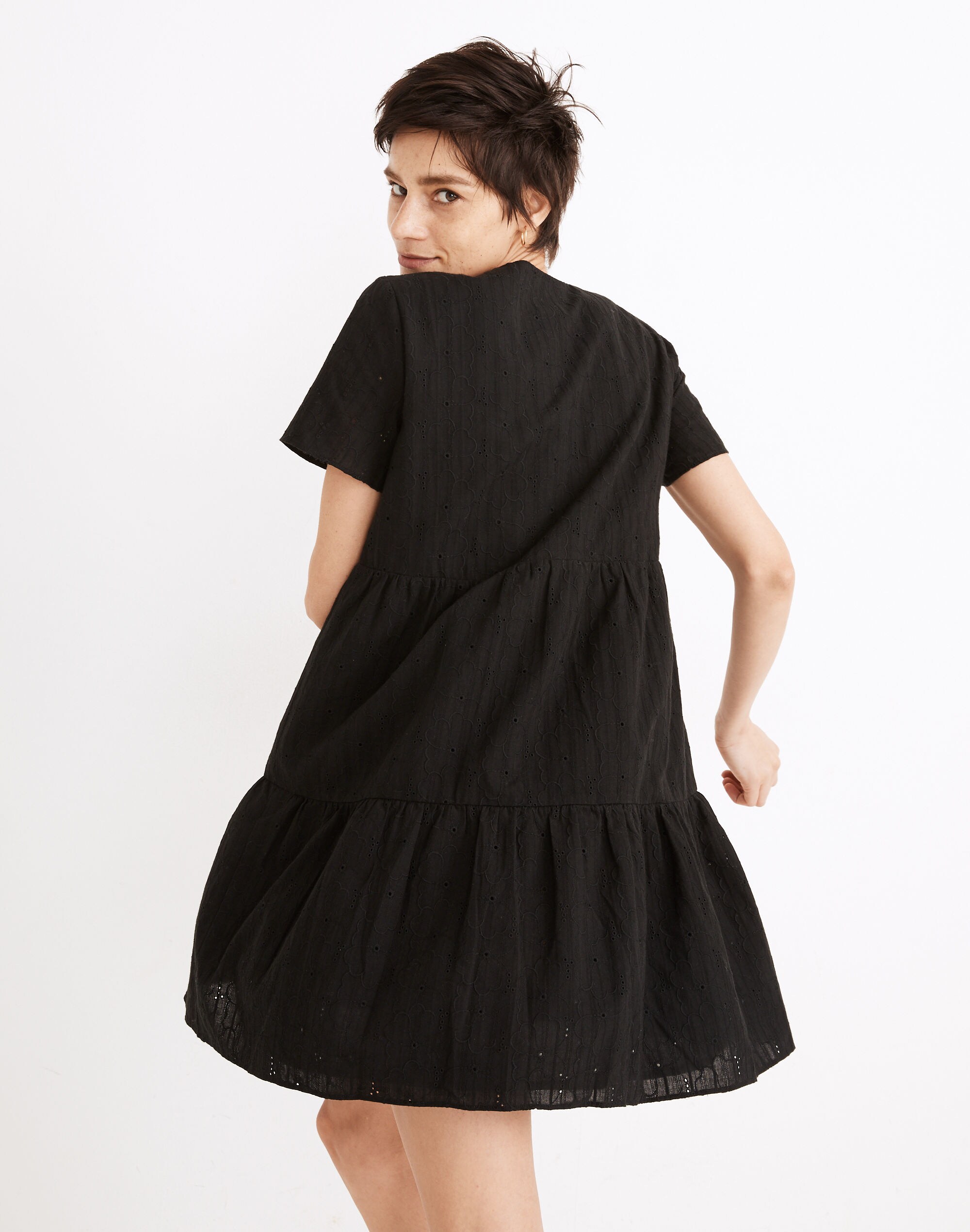 Embroidered Eyelet Button-Front Tiered Mini Dress